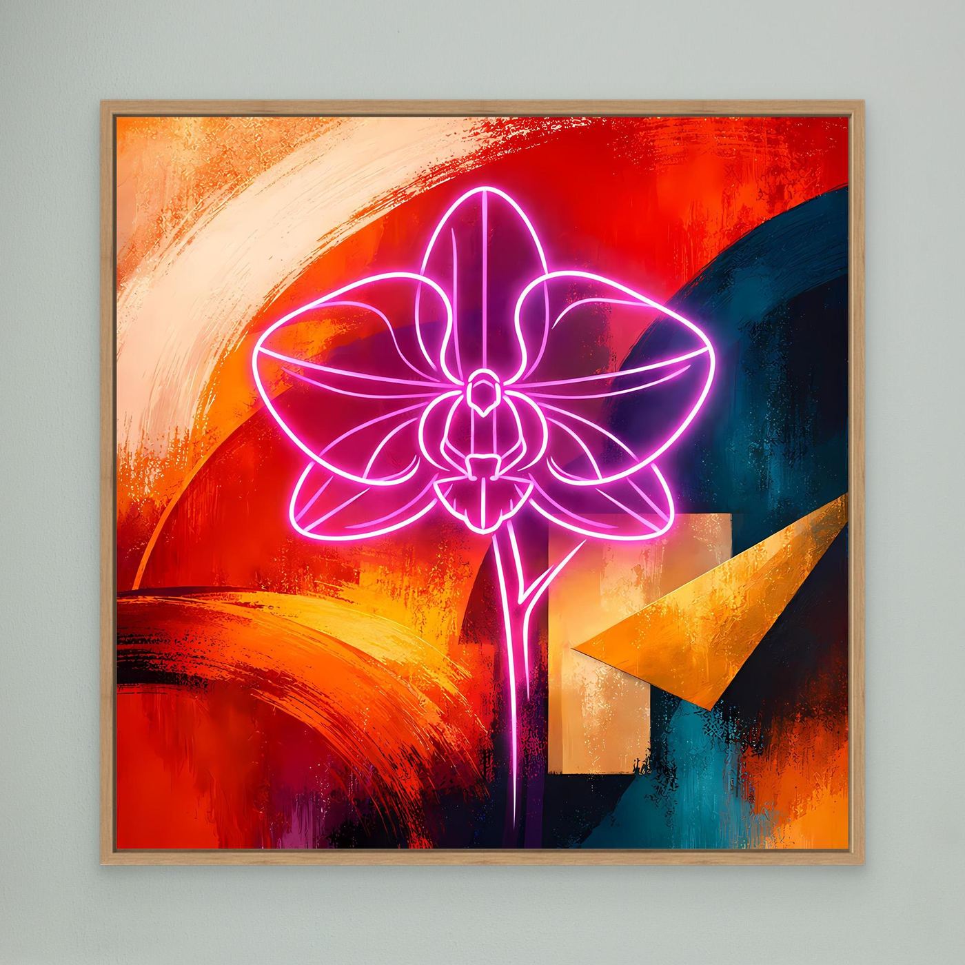Abstraktes Leinwandbild mit Neon-Orchidee in Pink, mit hellem Holzrahmen