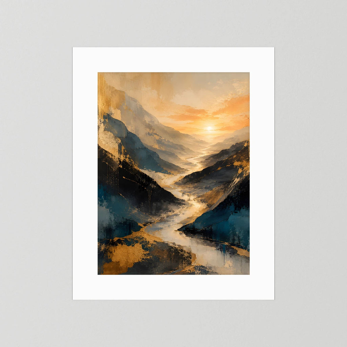 Kunstposter im Hochformat mit abstraktem Bergtal und Fluss in Blau und Gold, weißer Passepartout