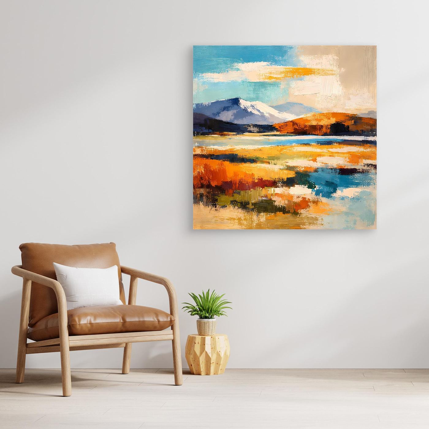 Leinwandbild mit abstrakter Landschaft, Bergsilhouette und Wasser, holzgerahmt