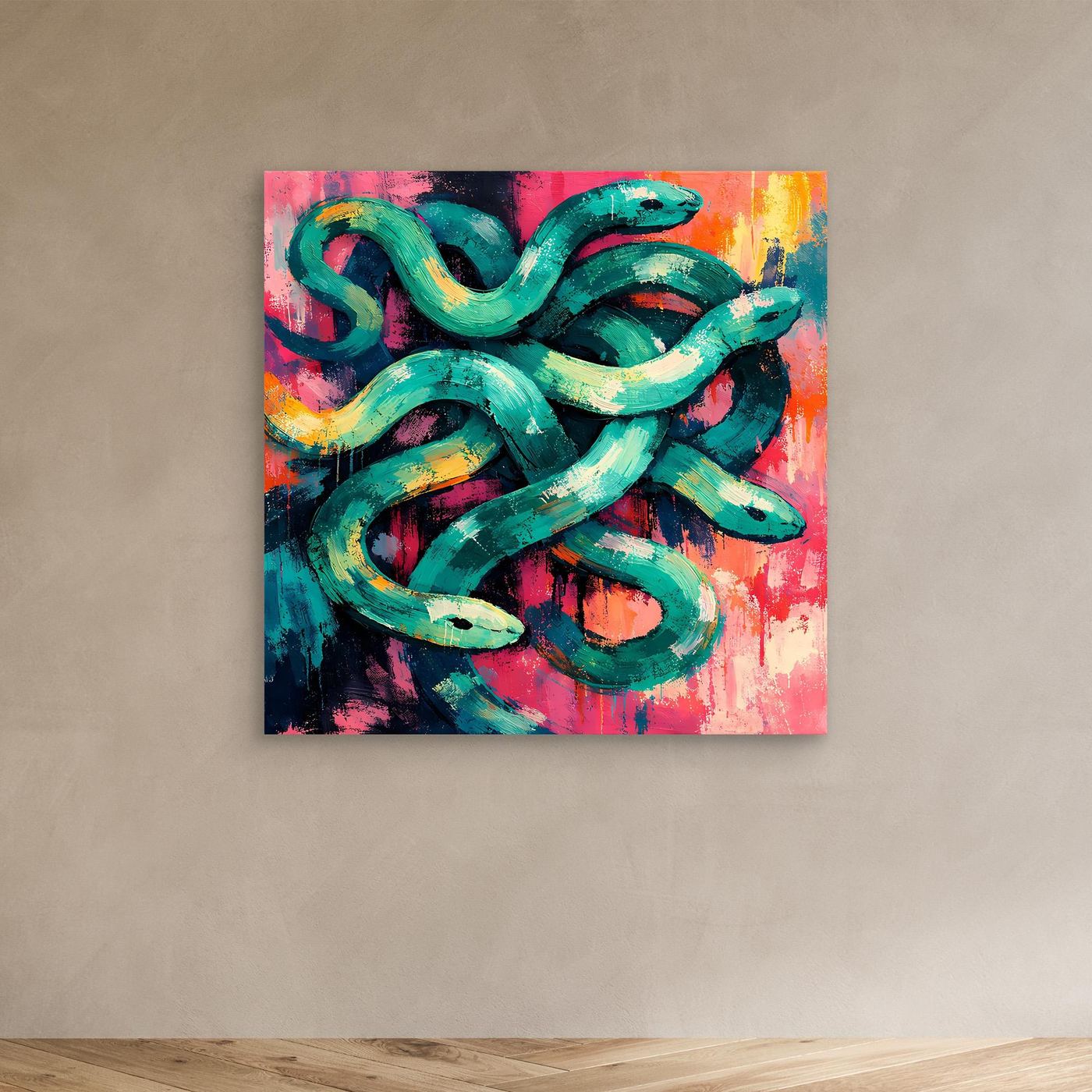 Abstract snake canvas wall art, teal coiled forms on pink and orange splashes