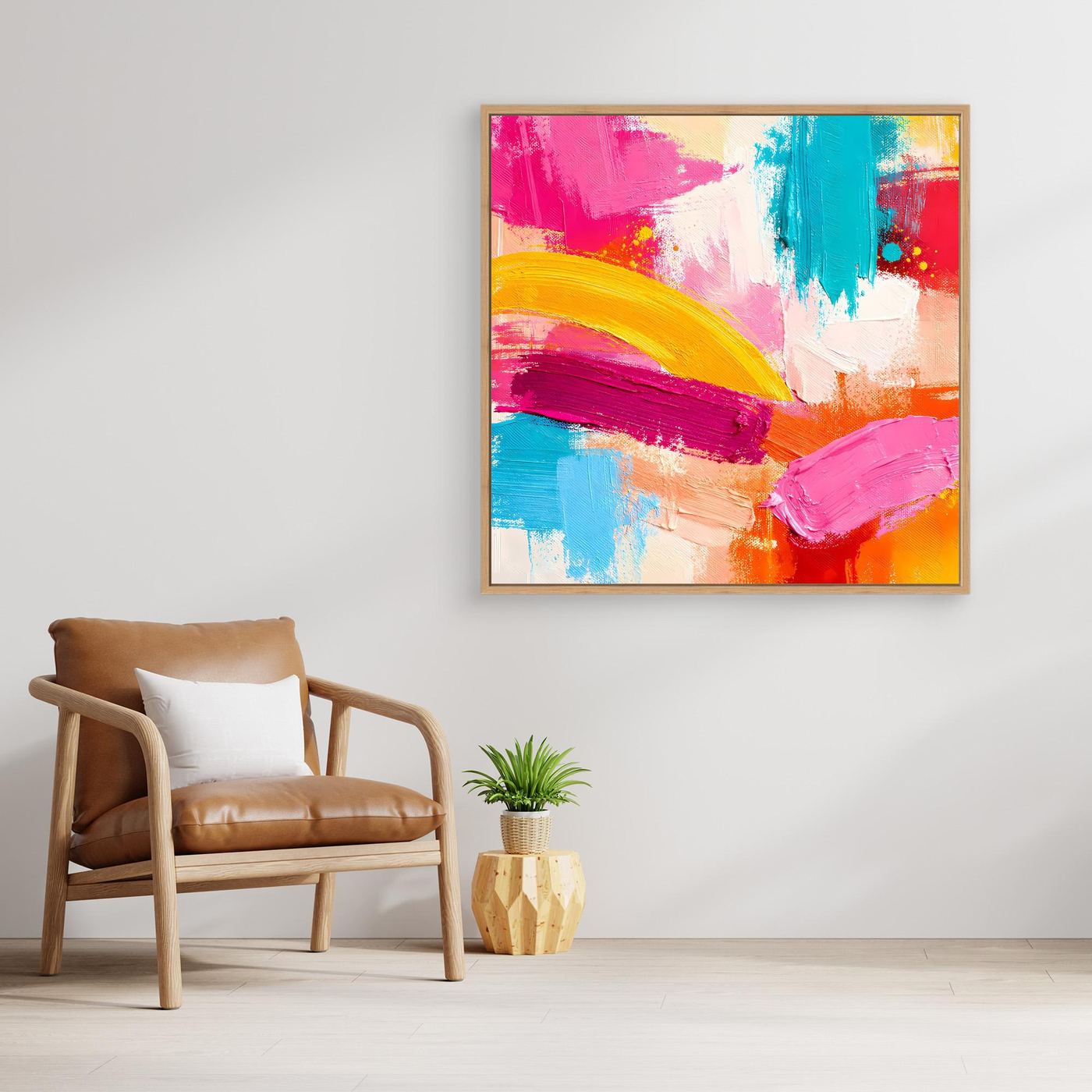 Abstraktes Leinwand-Wandbild mit pastelligen Pinselstrichen in Pink, Türkis, Gelb und Orange im Holzrahmen