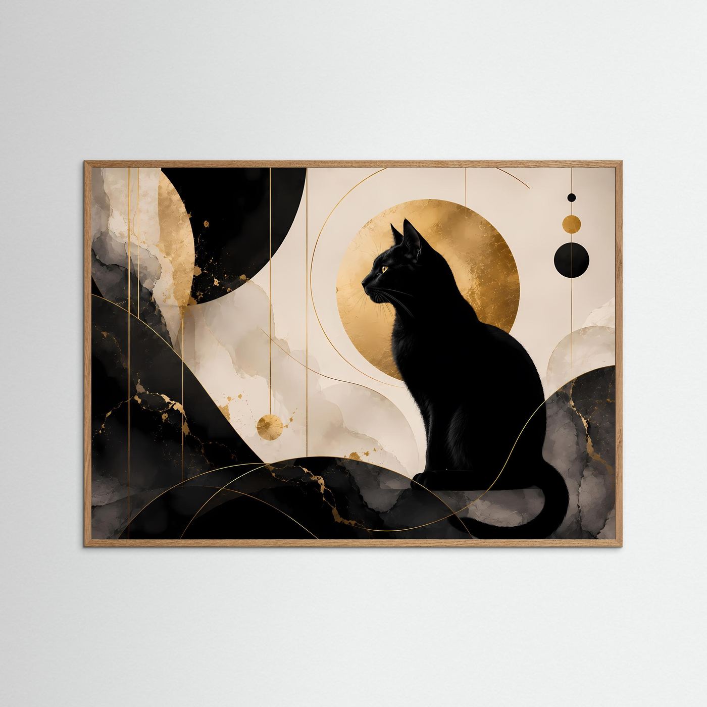 Schwarze Katze in Gold & Marmor | Elegante abstrakte Katzen Wandkunst
