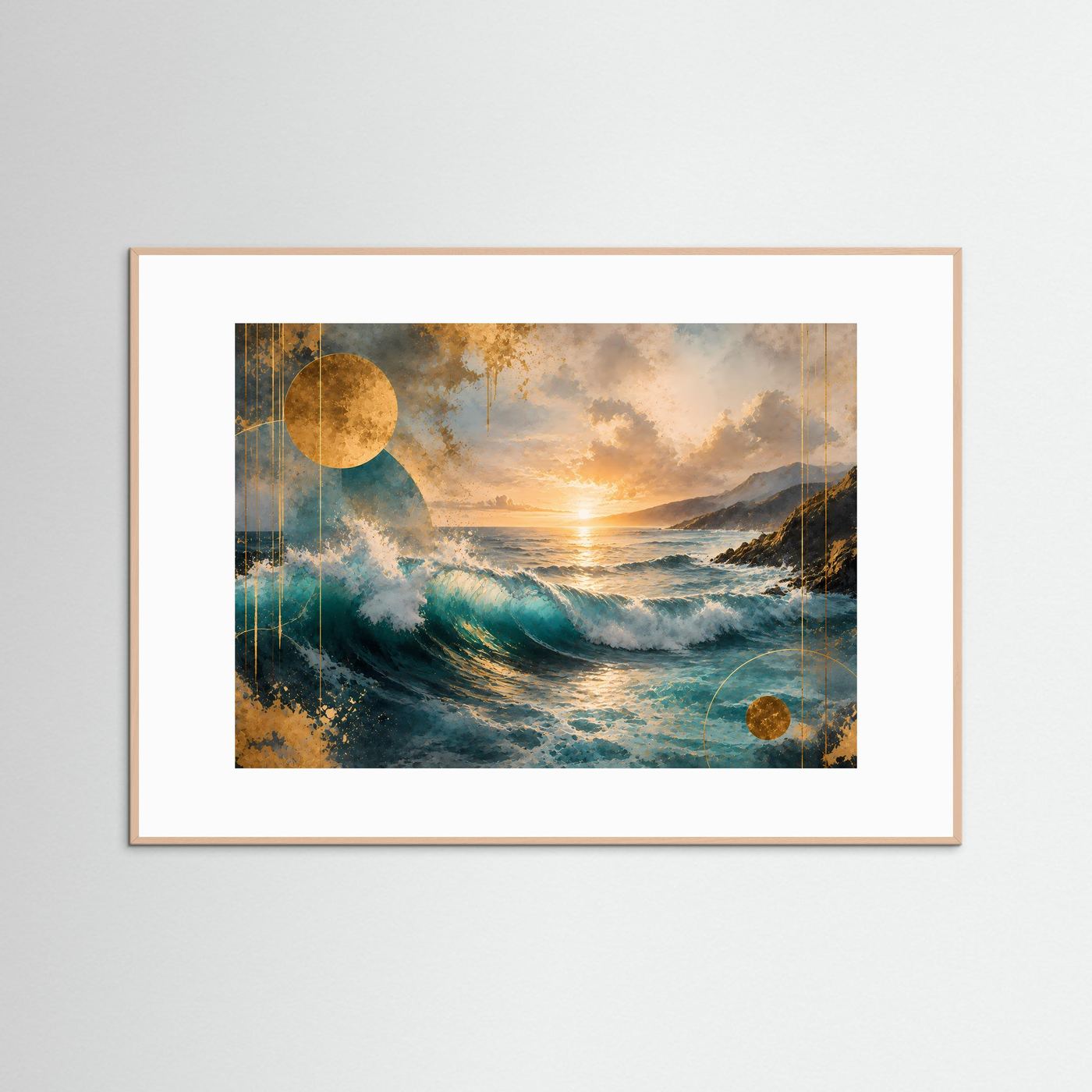 Gerahmtes Poster mit abstrakter Meereswelle bei Sonnenuntergang, Gold- und Blautöne, brauner Holzrahmen