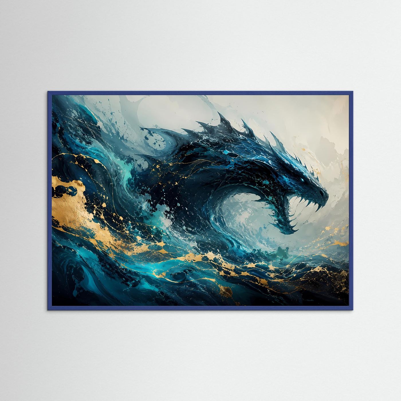 Gerahmtes Querformat-Poster: blauer Wasserdrache mit goldenen Akzenten, dynamische Wellen