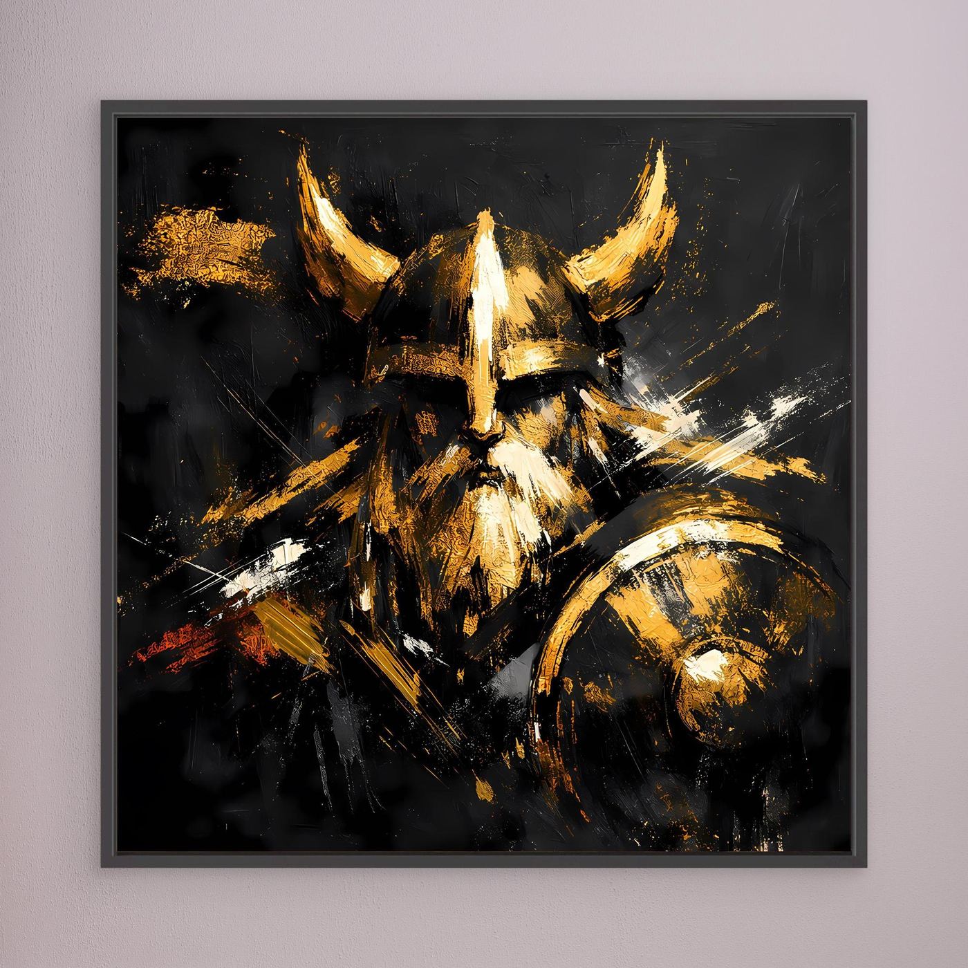 Leinwand Goldener Wikinger mit Schild | Abstraktes Nordmann Wandbild Modern