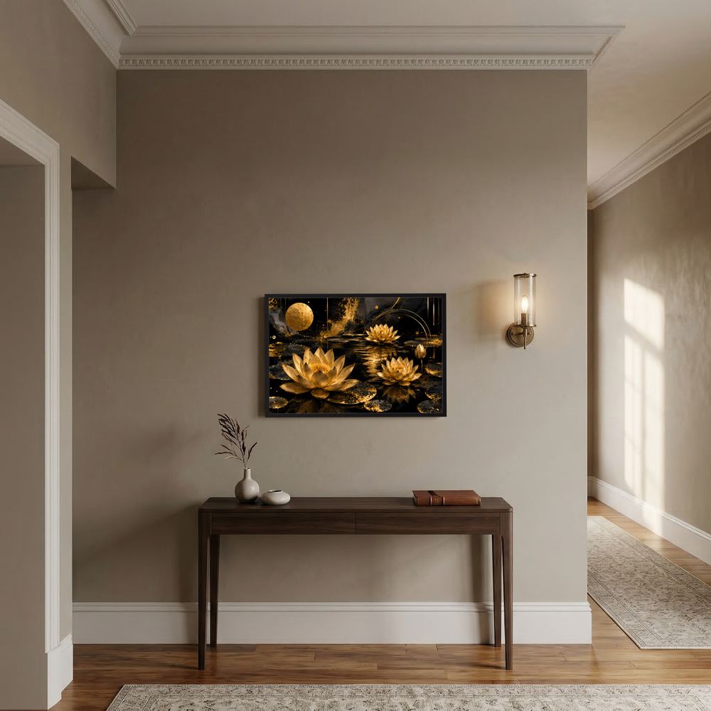 Gerahmtes Wandbild mit goldenen Lotusblüten auf dunklem Wasser