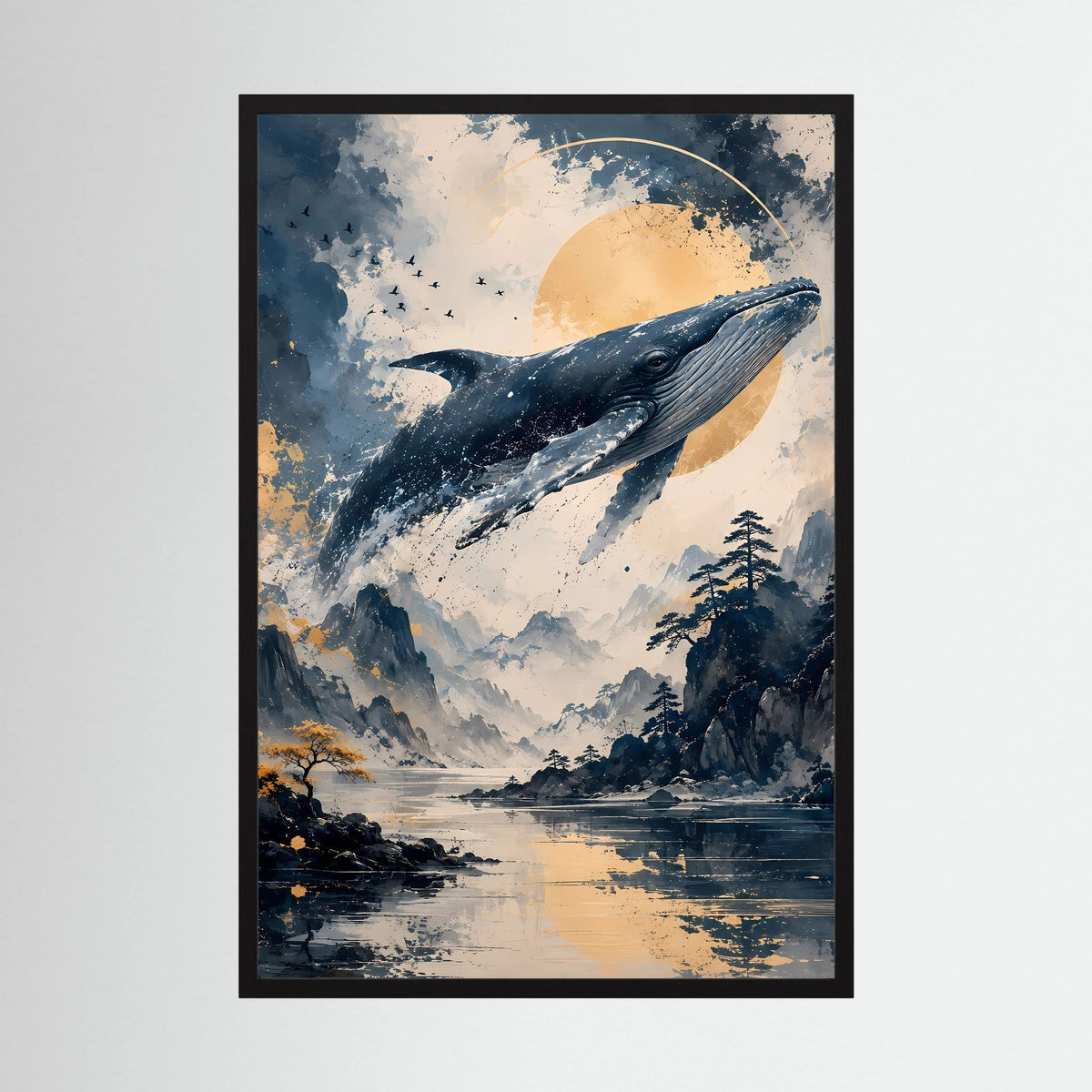 Poster im Hochformat mit Wal-Motiv in Blau und Creme im schwarzen Rahmen