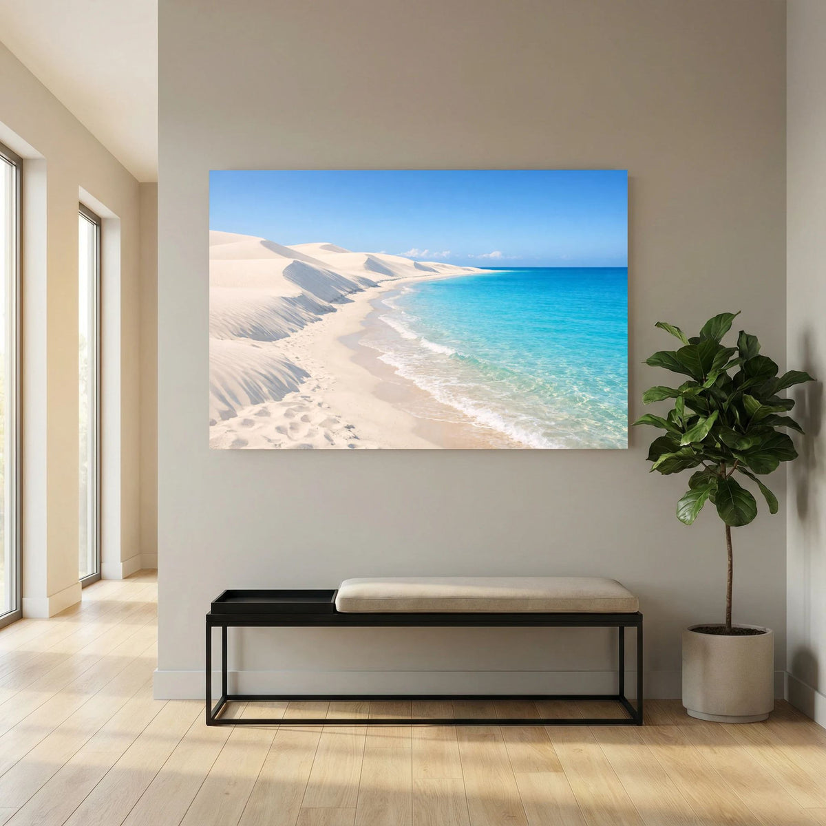 Querformatiges Wandbild mit Sanddünen und türkisblauem Meer bei Tageslicht