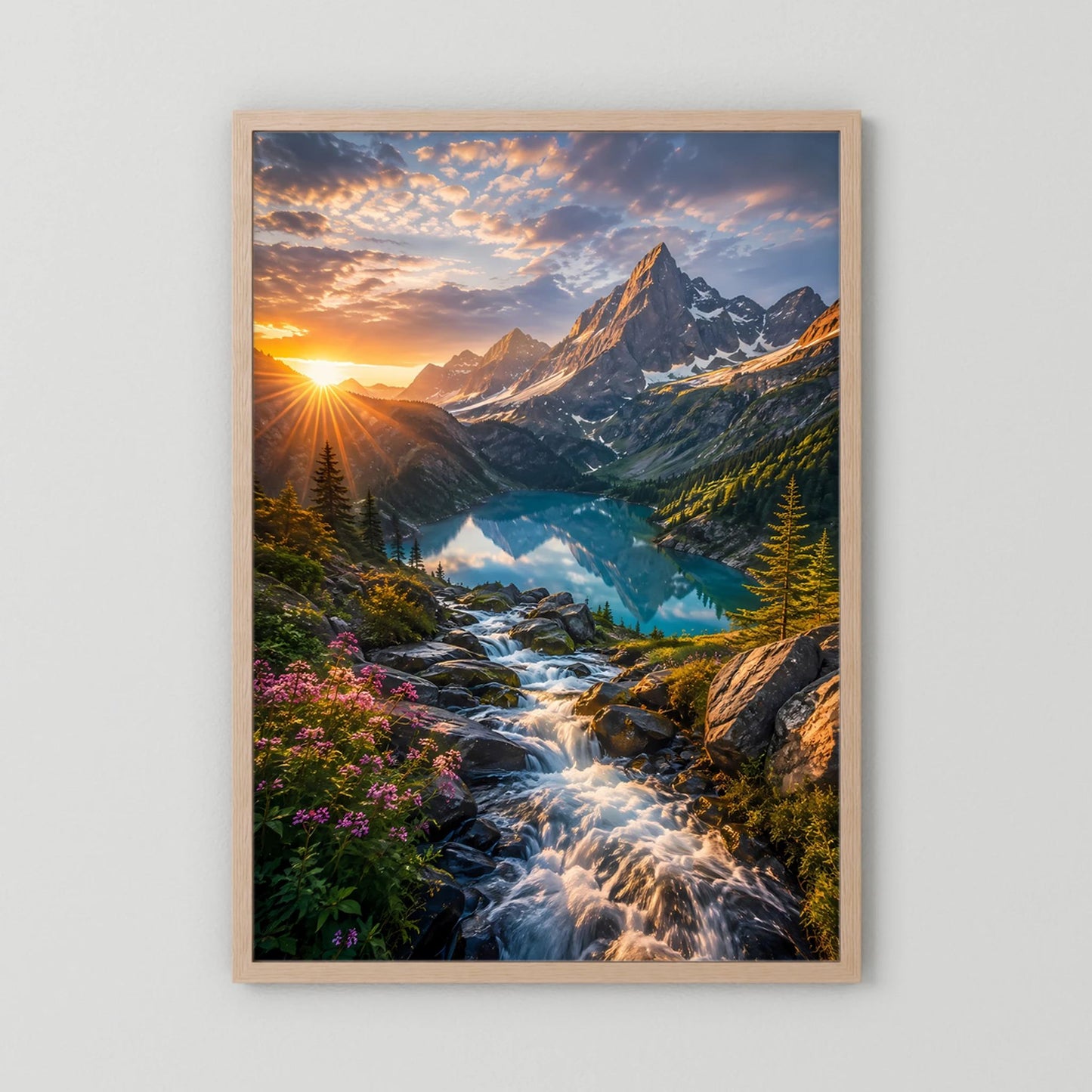 Vertikales Poster mit Bergpanorama, türkisfarbenem See und Wasserfall, hellbrauner Rahmen