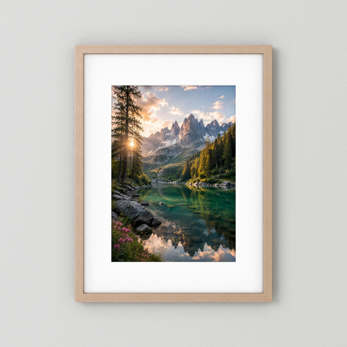 Bergsee im Sonnenuntergang | Alpenlandschaft mit Wald & Spiegelung | Poster Hochformat