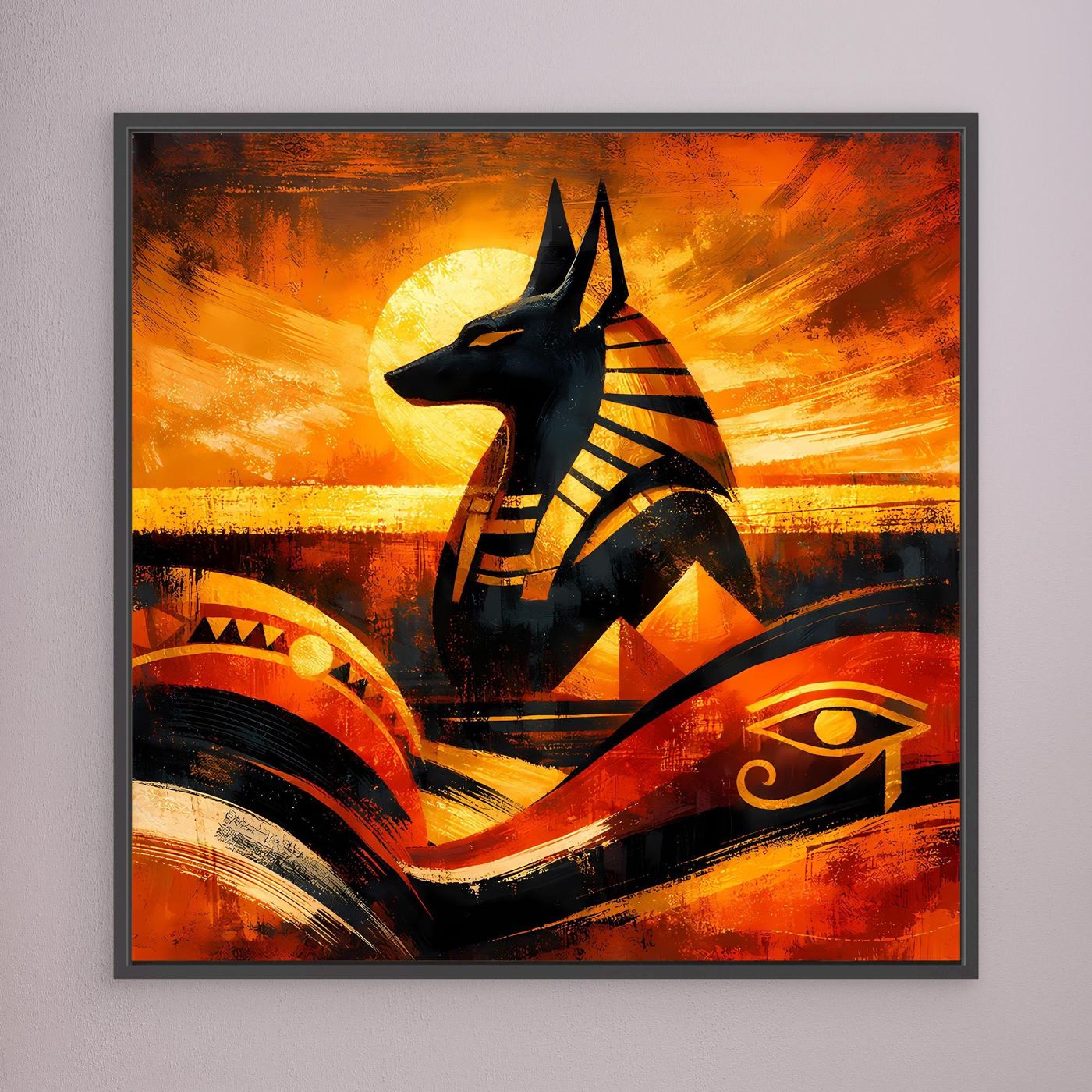 Wandbild Leinwand mit Anubis-Silhouette, orangefarbene Sonne, schwarze und goldene Muster, dunkel gerahmt