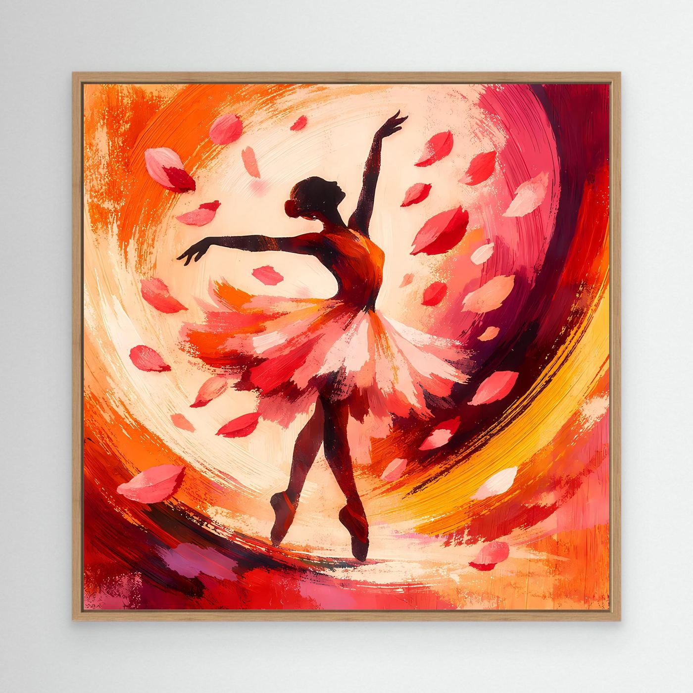 Leinwandbild mit Ballerina im Blütenregen, orange-roter Farbverlauf, Holzrahmen hell