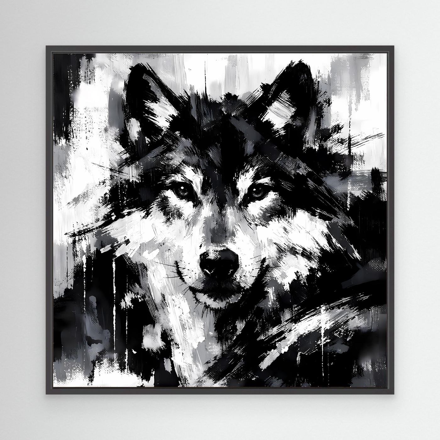 Leinwand-Wandbild mit abstraktem Wolfsgesicht in Schwarzweiß, schwarzer Rahmen