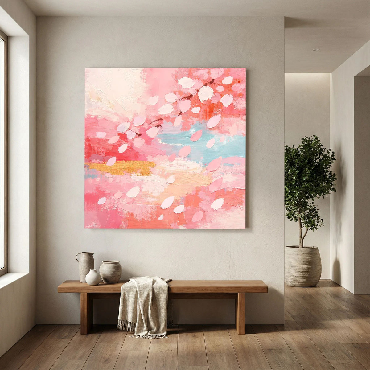Quadratisches Leinwand-Wandbild mit abstrakten Kirschblütenblättern in Rosa und Hellblau