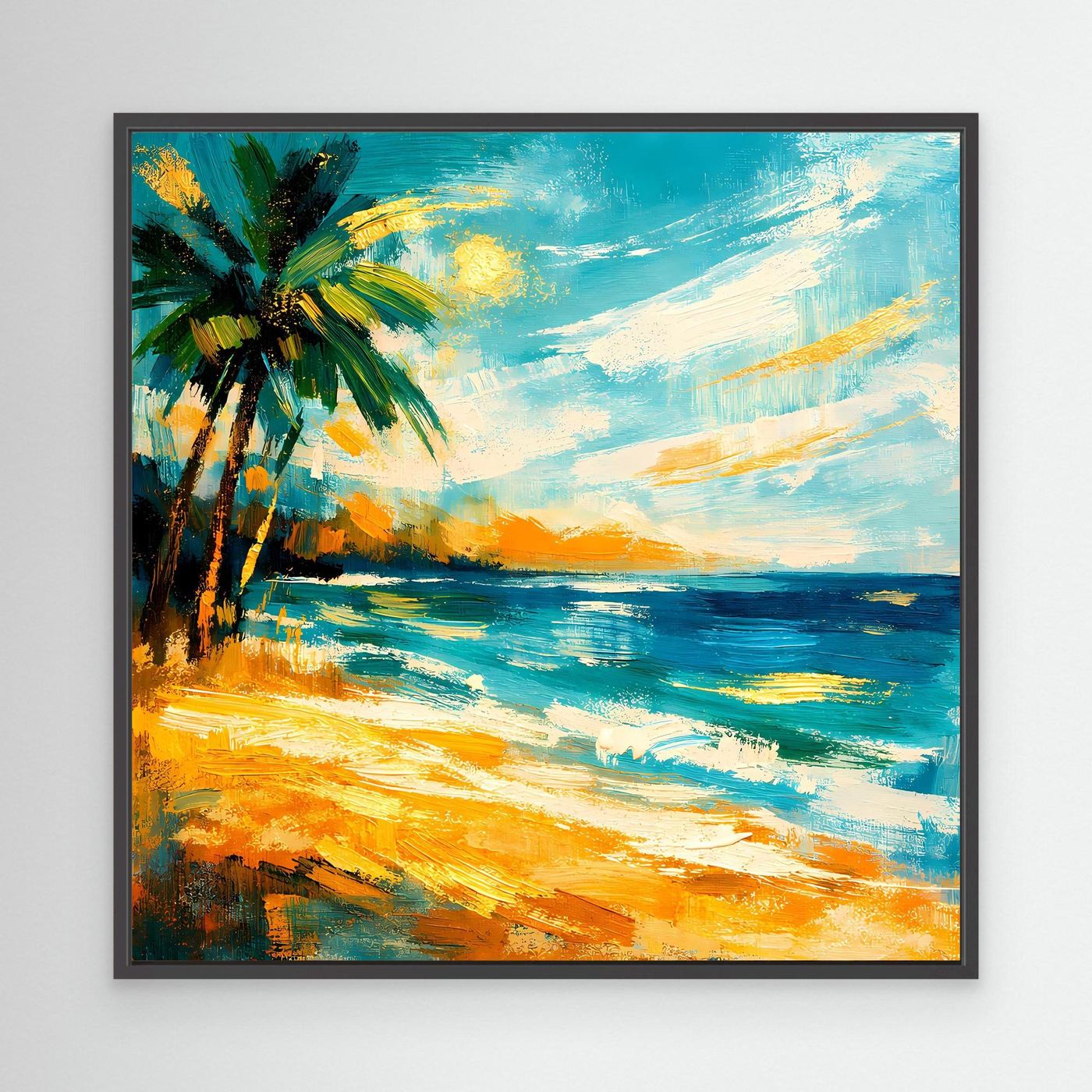 Leinwandbild mit abstrakter Palme, türkisblauem Meer und gelbem Strand, schwarzer Rahmen