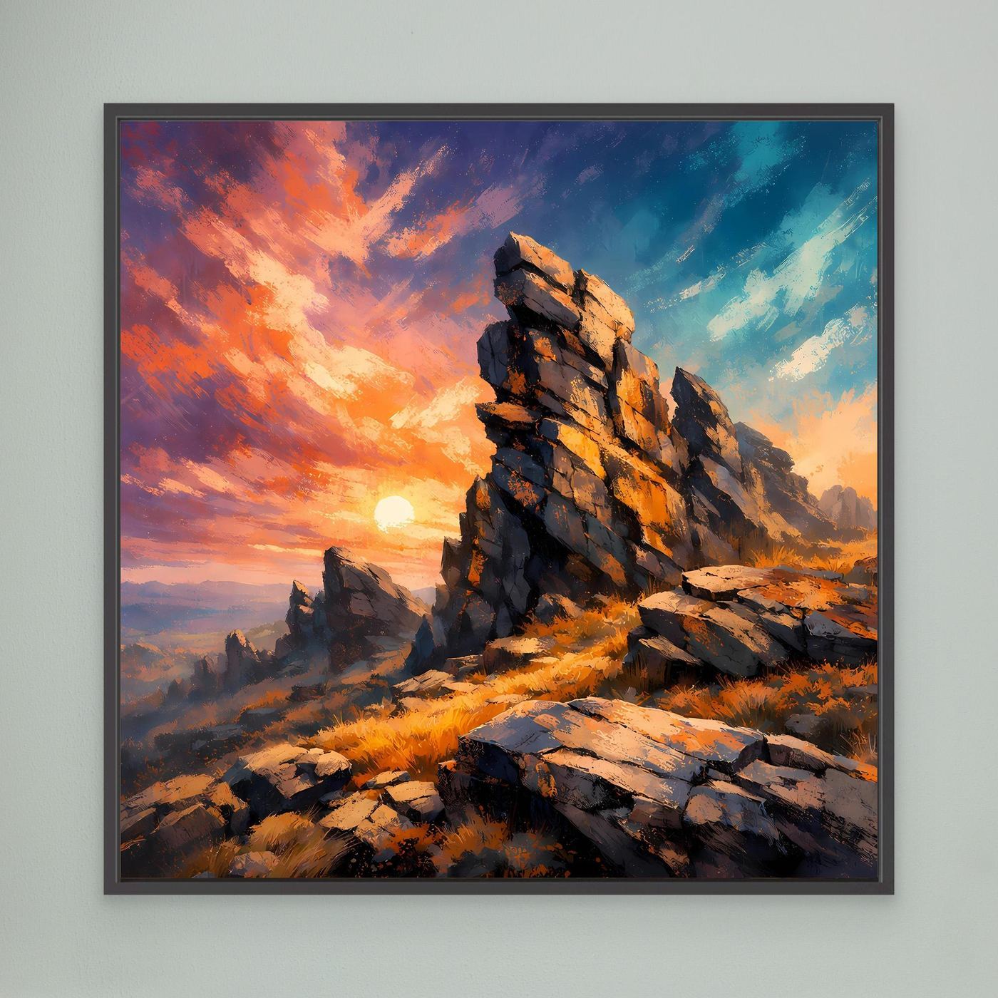 Premium Leinwand Monumentale Felsformation im Sonnenuntergang | Abstraktes Gebirge Wandbild