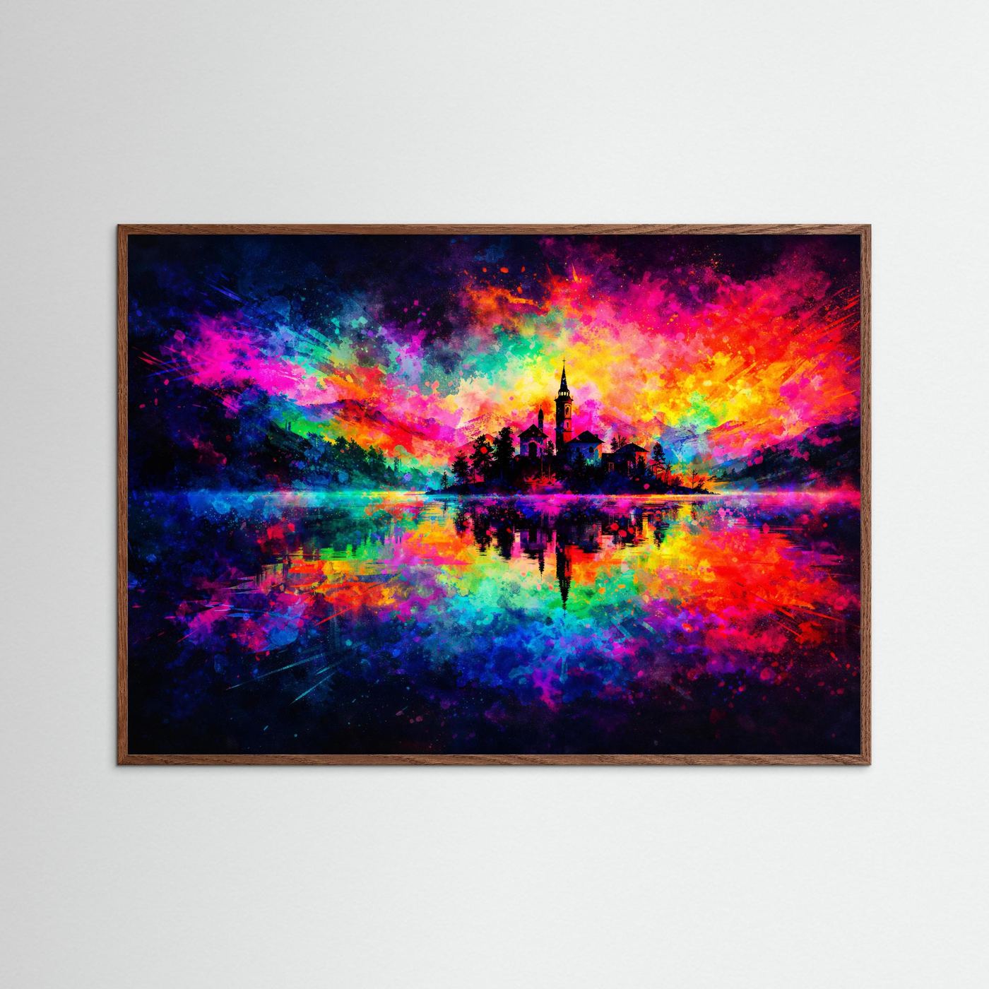 Bunte Insel im See Expressionismus | Farbgewaltiges Panorama Natur & Kunst Poster Querformat