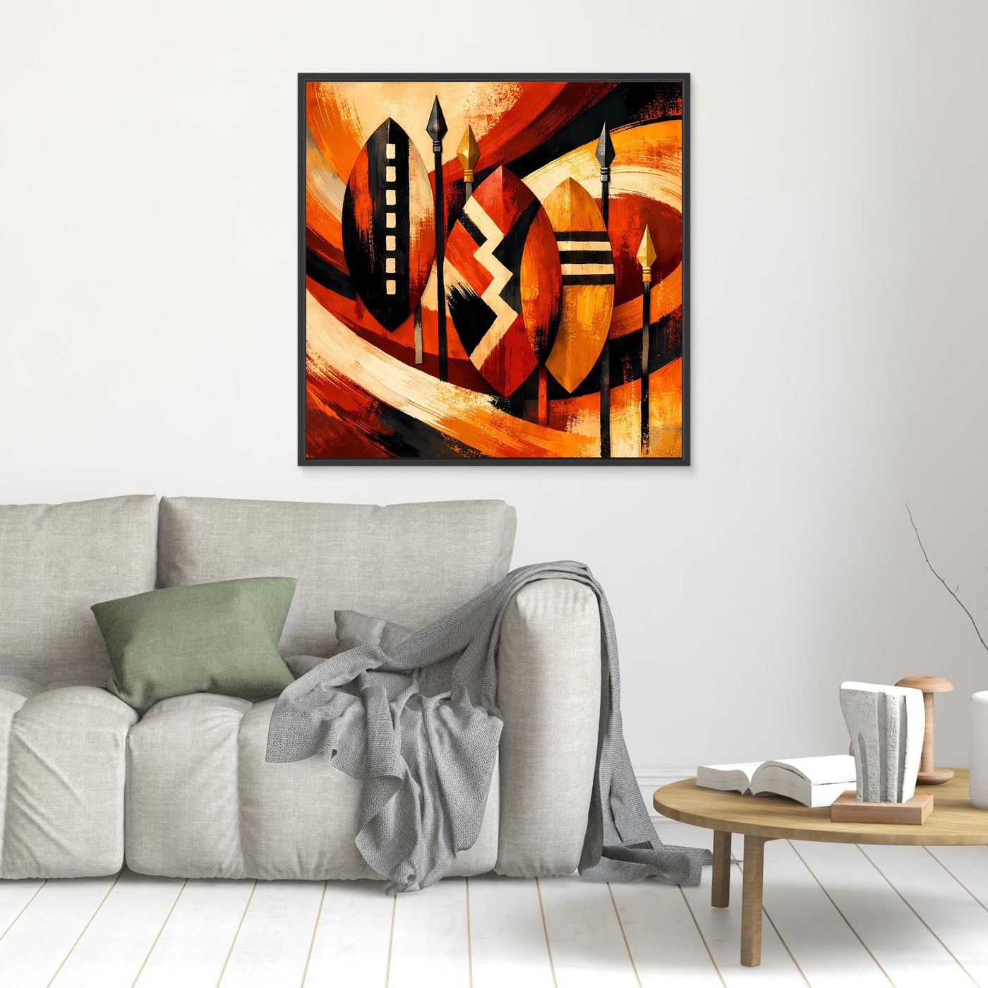 Quadratisches Leinwandbild mit afrikanischen Schild- und Speermotiven, schwarzer Rahmen, warme Farben
