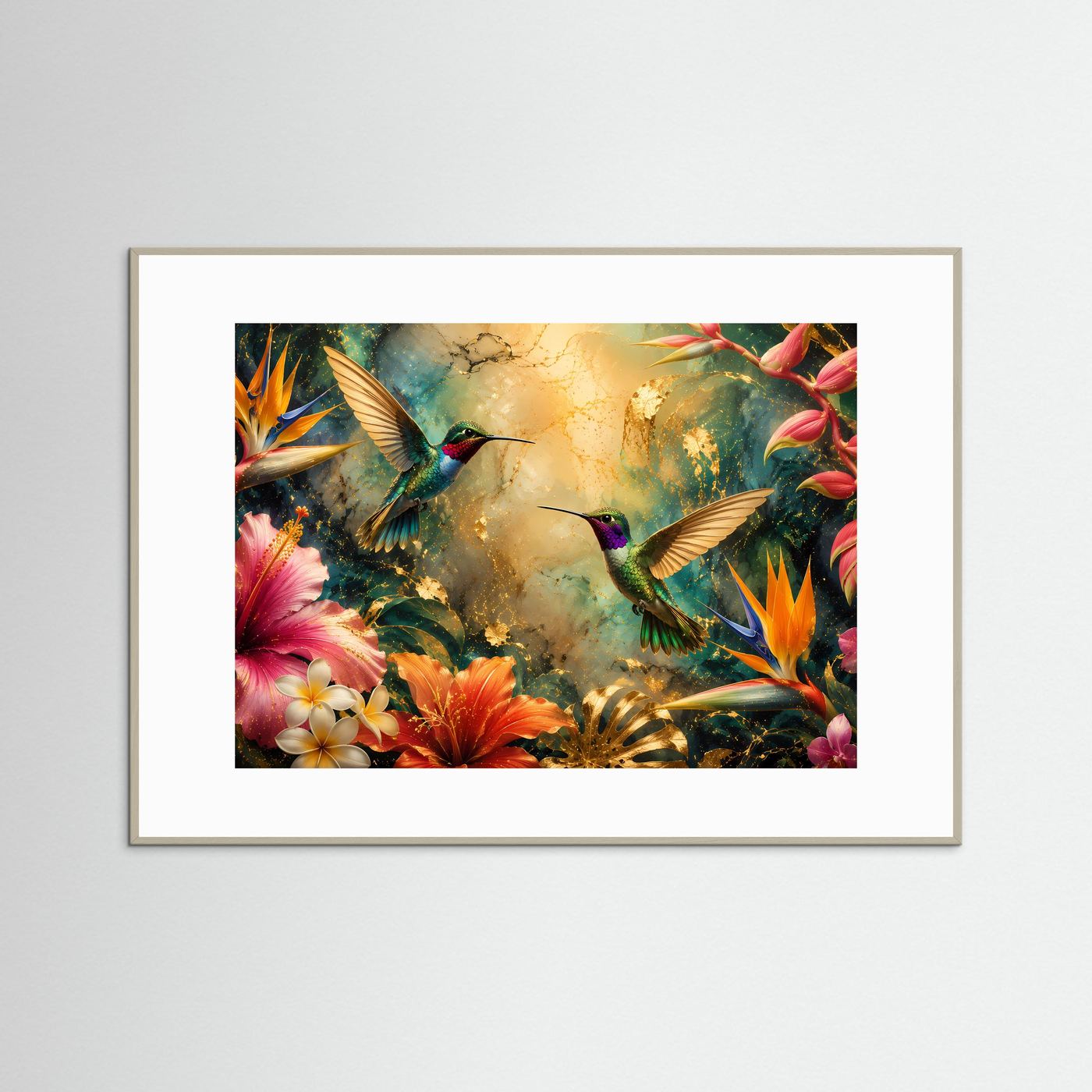 Kolibri Poster | Tropische Blumen Wandbild | Exotische Kolibris mit Hibiskus | Luxuriöse Botanische Wandkunst | Premium Wall Art