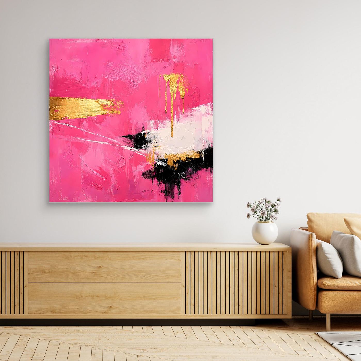 Leinwand Abstraktes Farbenspiel in Pink und Gold | Modernes Expressionistisches Wandbild