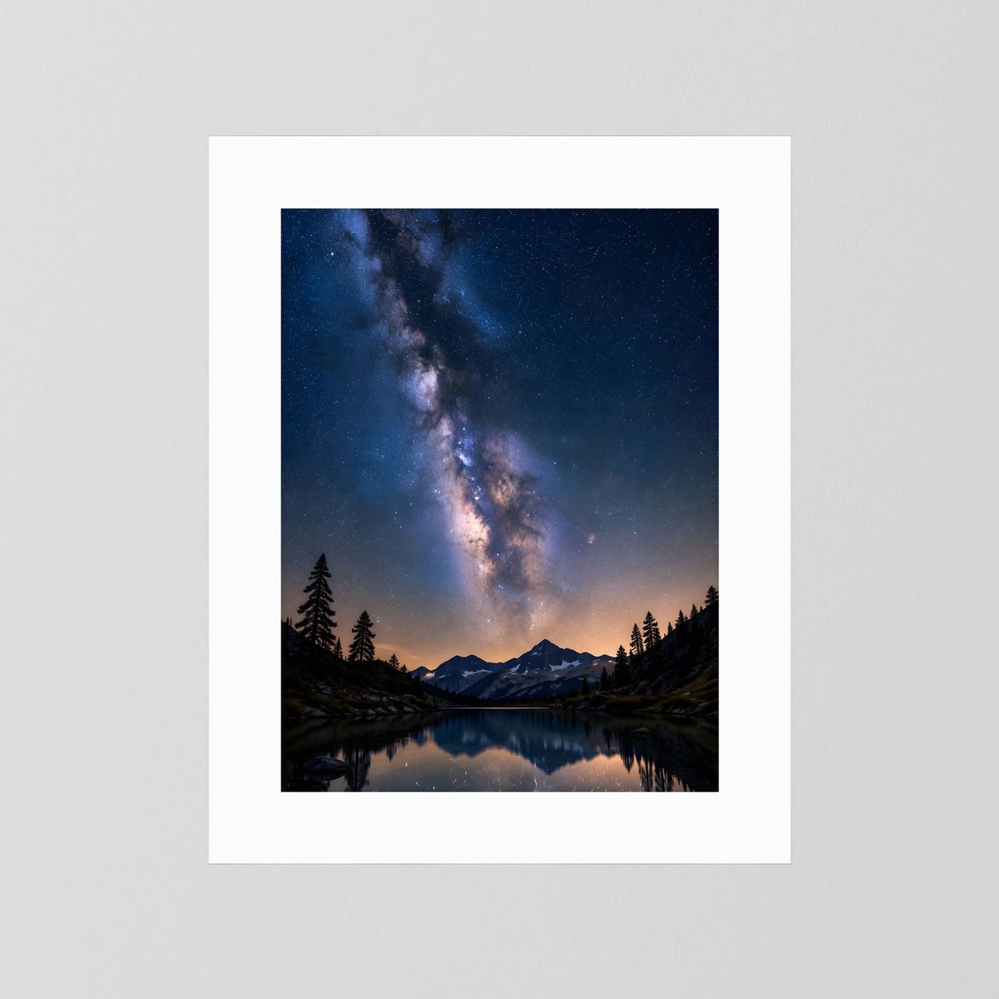 Poster im Hochformat mit Milchstraße über Bergsee, Berge und Tannen, weißer Papiertrand
