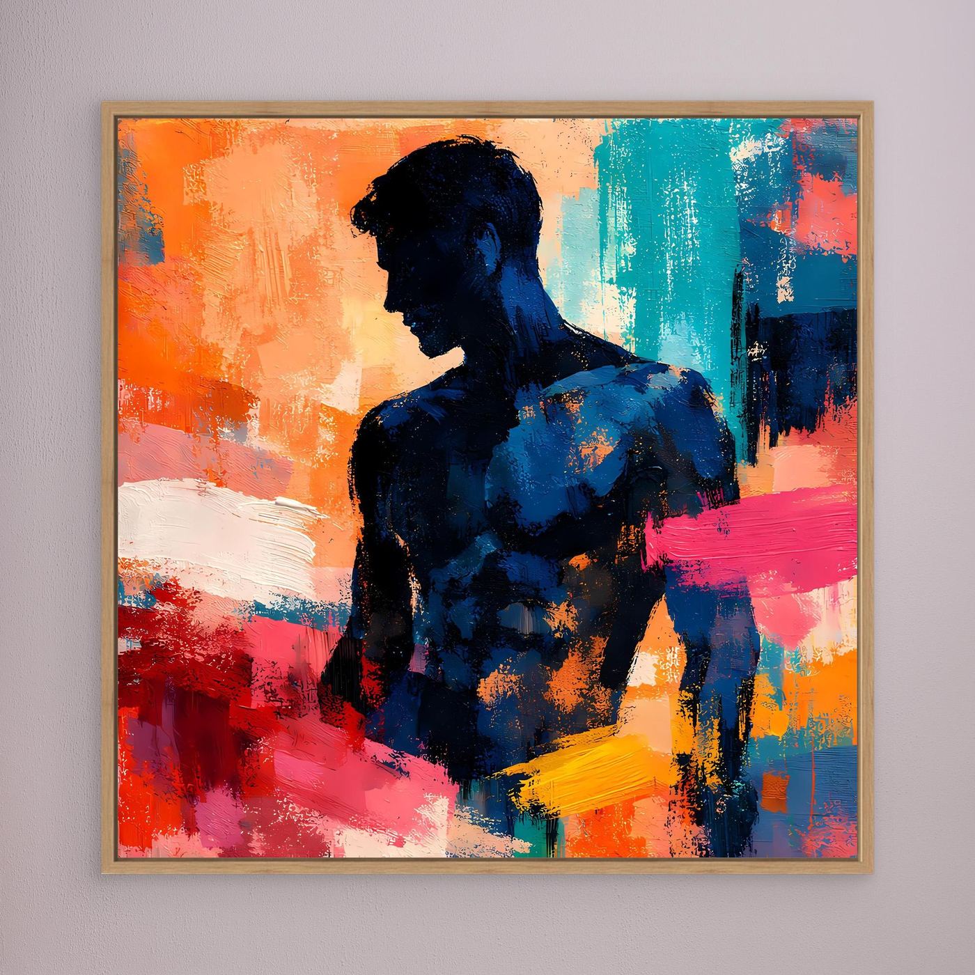 Abstraktes Wandbild: Männer-Silhouette in Blau, orange-, türkis- und pinkfarbene Farbfelder, Eichenrahmen