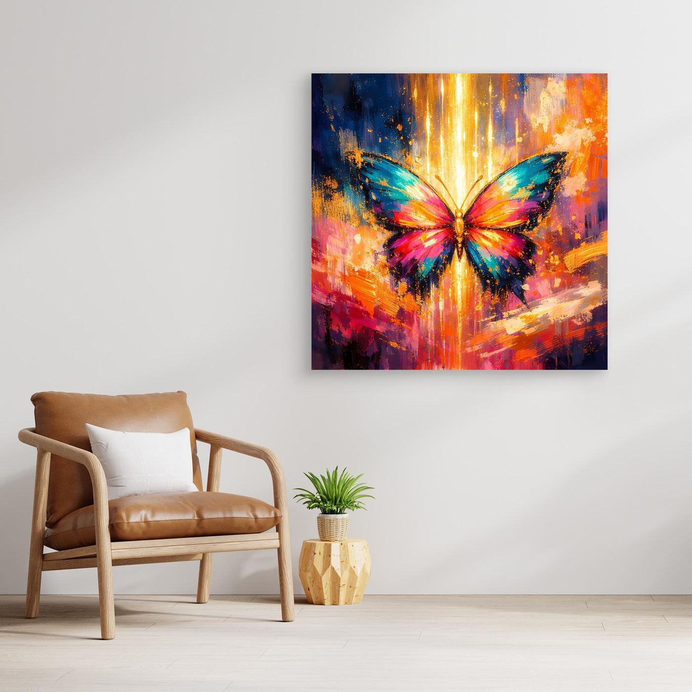 Gerahmtes Leinwandbild (Holzrahmen) mit leuchtendem Schmetterling im Lichtstrahl, bunt