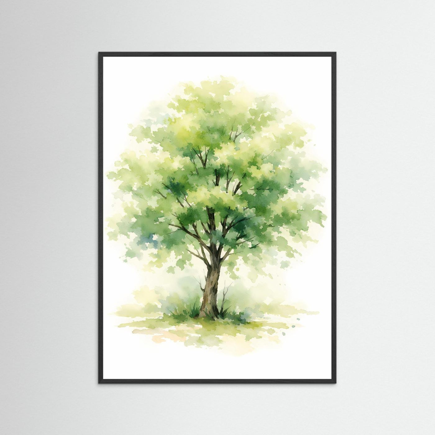Aquarell-Baum-Poster im Hochformat mit schwarzem Rahmen, grünem Laub