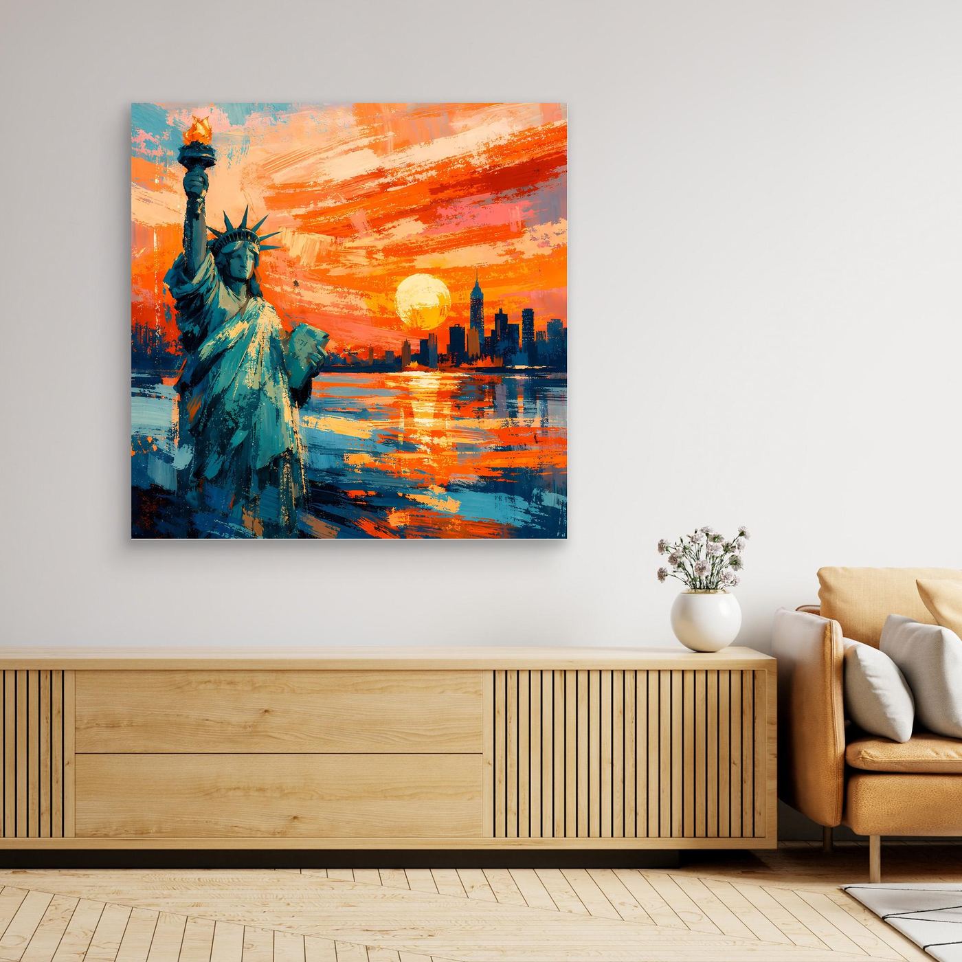 Abstraktes Leinwand-Wandbild mit Statue der Freiheit und Sonnenuntergang über Skyline, ohne Rahmen.