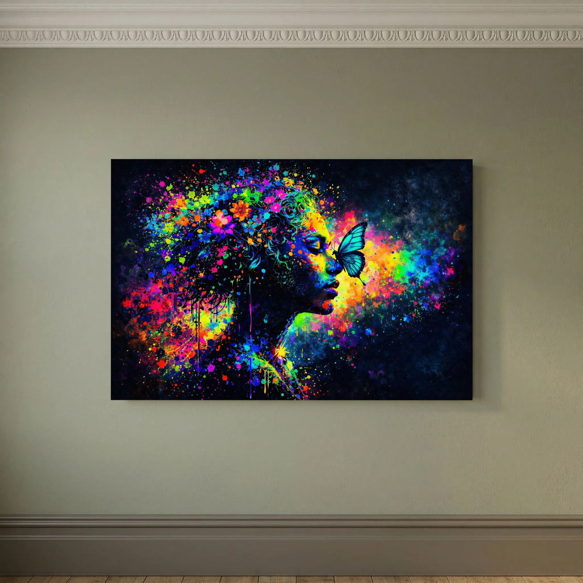 Querformat-Poster mit farbexplosiver Silhouette, blauem Schmetterling und gemustertem Hintergrund