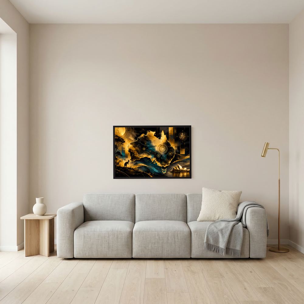 Querformat-Poster über Sofa: Australienkarte mit Känguru, Schwarz-Gold, schwarz gerahmt