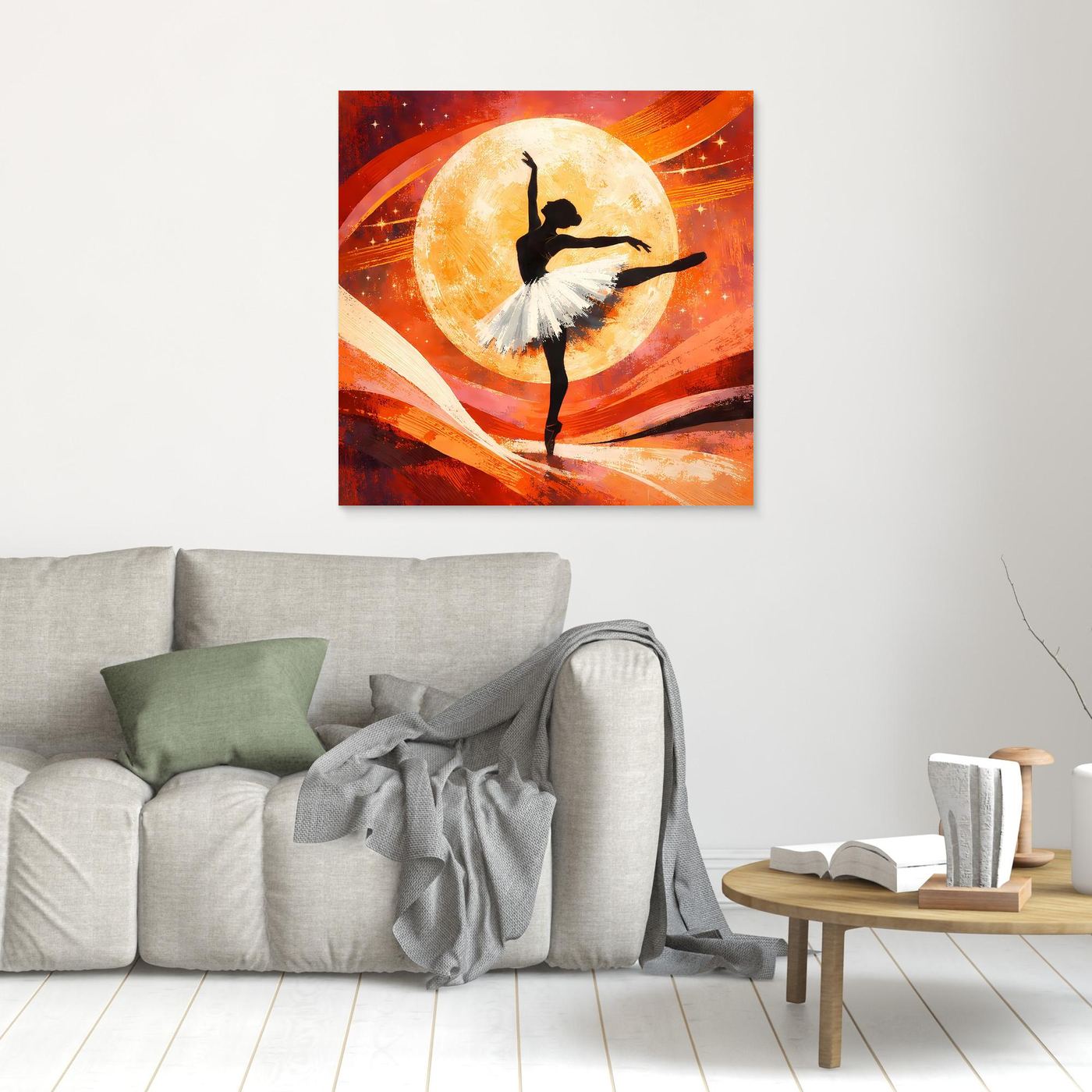 Leinwandbild im quadratischen Format: Ballerina vor gelbem Vollmond, abstrakte Rot-Orange Striche