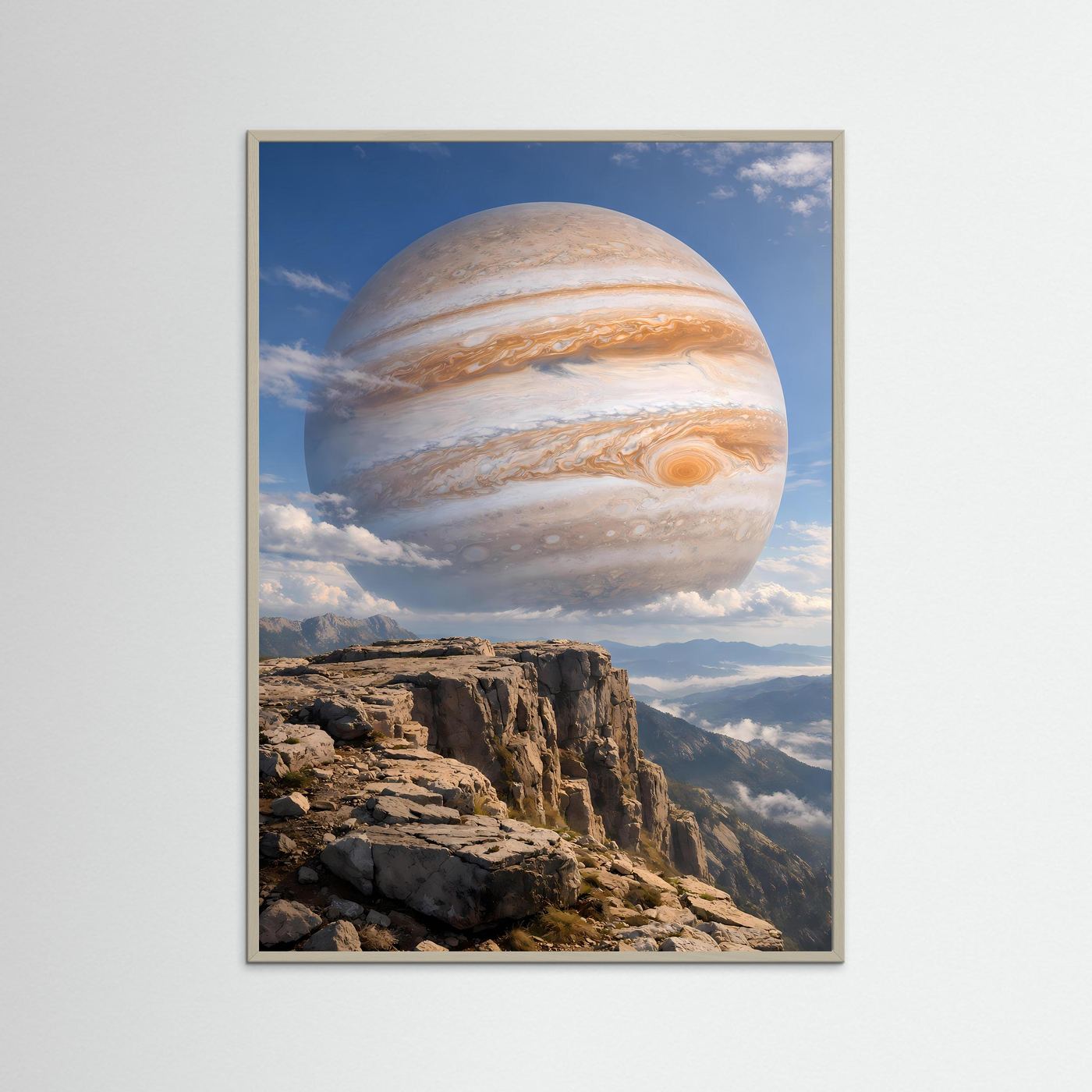 Hochformat-Kunstposter mit grauem Rahmen: Jupiter-Planet über Felsenklippe.