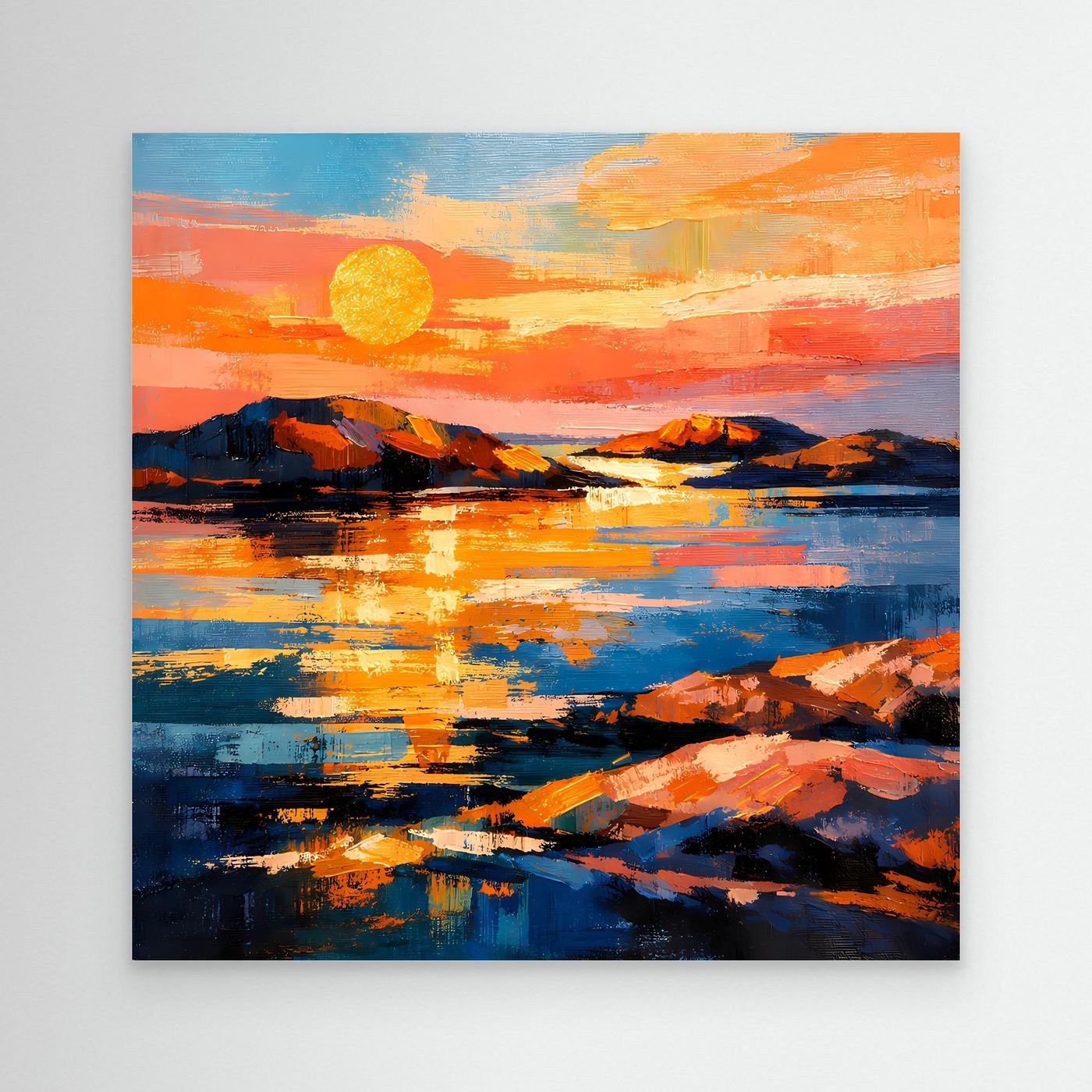 Abstraktes Leinwandbild mit Sonnenuntergang über dem Meer, ohne Rahmen
