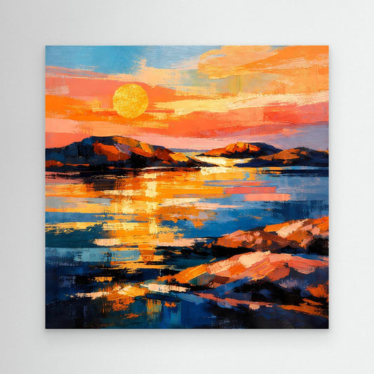Abstraktes Leinwandbild mit Sonnenuntergang über dem Meer, ohne Rahmen