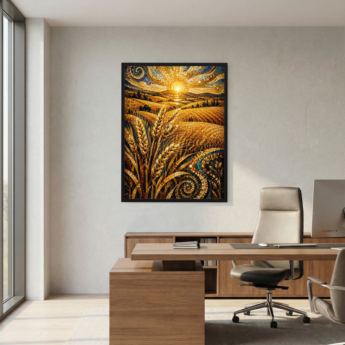 Poster-Motiv mit goldenen Ähren, dekorativen Mosaiklinien und aufgehender Sonne