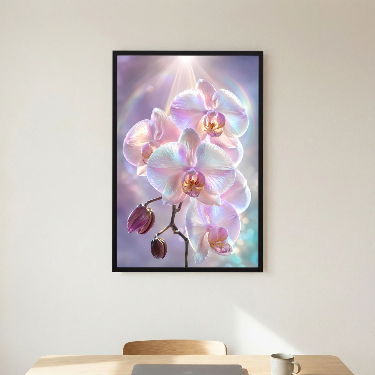 Kunstposter mit schimmernden Orchideenblüten im schwarzen Rahmen, zartes Rosa und Perlmutt