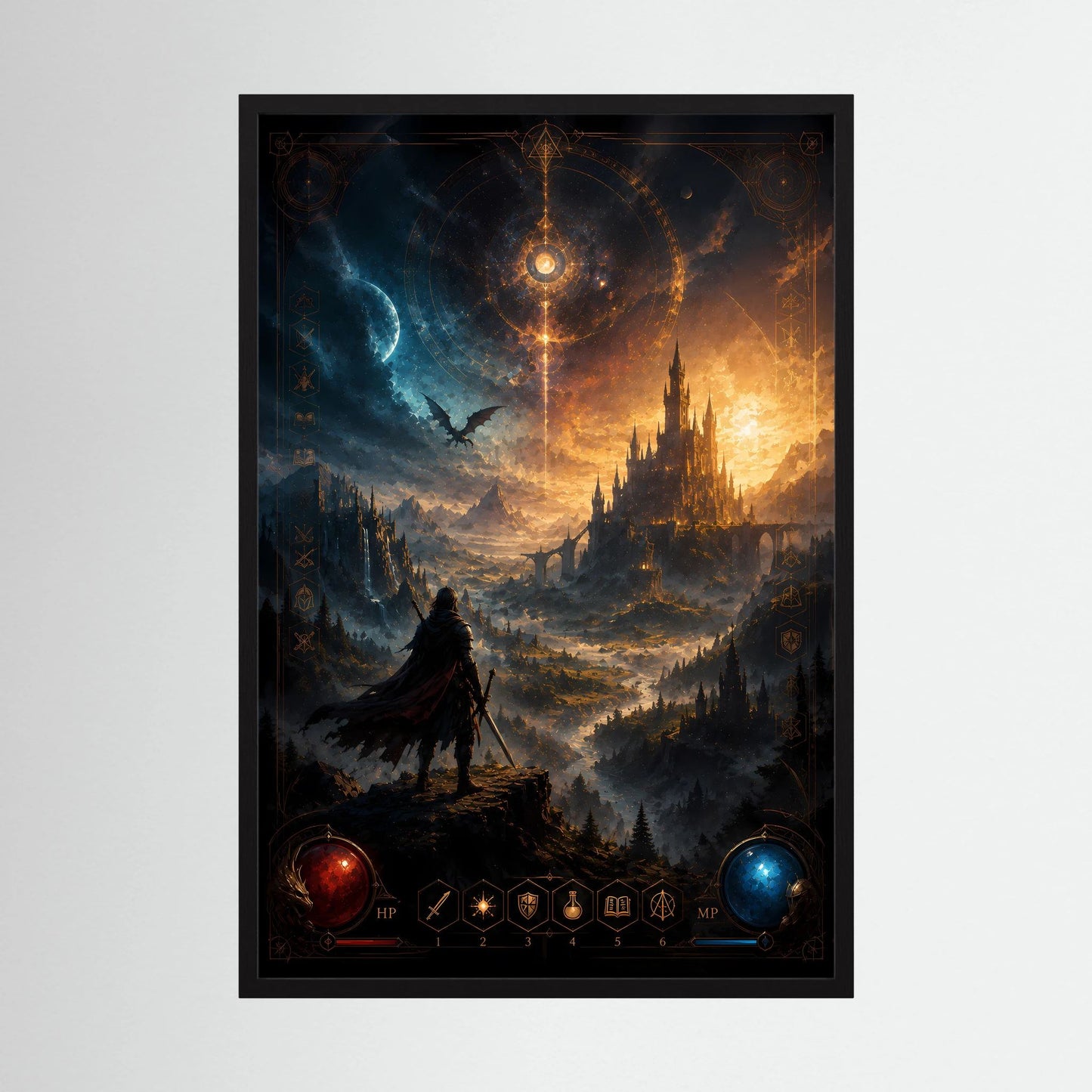 Magisches Burg-Kunstposter im Hochformat mit Krieger und Drachen, schwarz gerahmt
