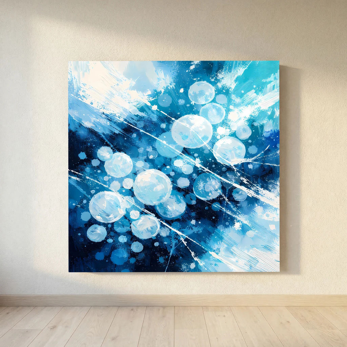 Quadratisches Leinwand-Wandbild: blaue Eisblasen mit hellen Lichtreflexen und Linien.