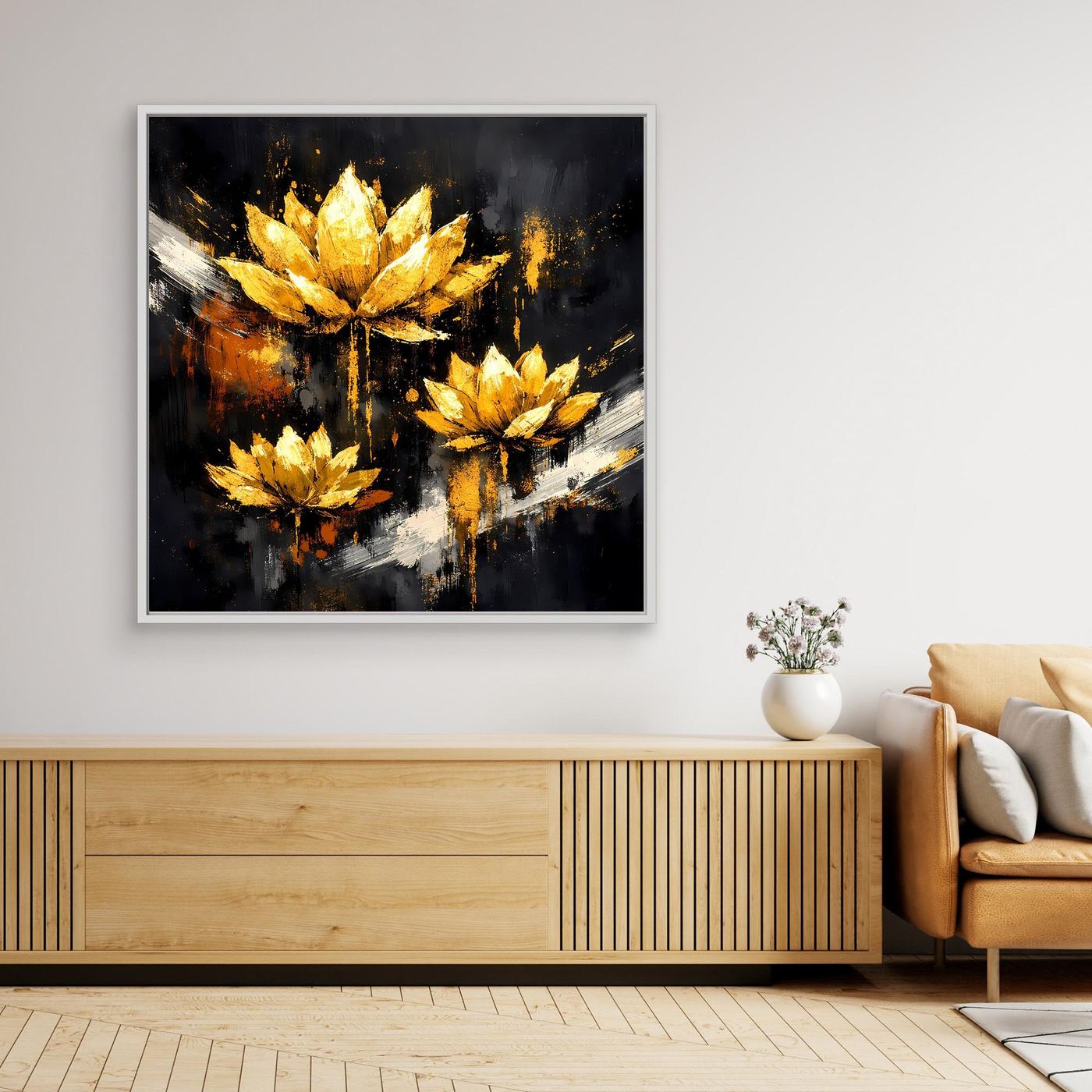 Leinwand Edle Lotusblüten in Gold und Schwarz | Modernes Florales Luxus Wandbild