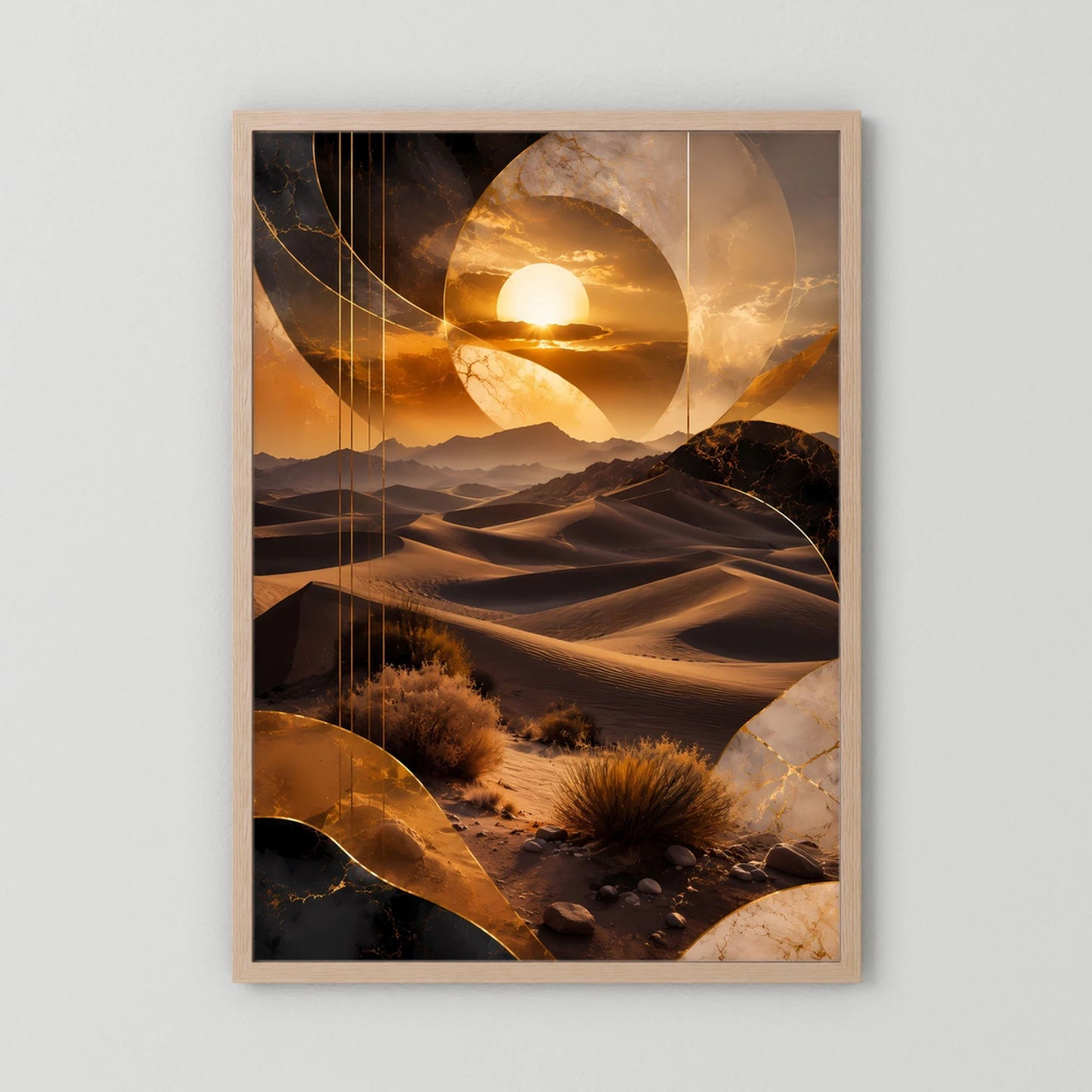Hochformat-Poster mit goldener Wüstenlandschaft und Sonnenball, Holzrahmen in hellem Braun