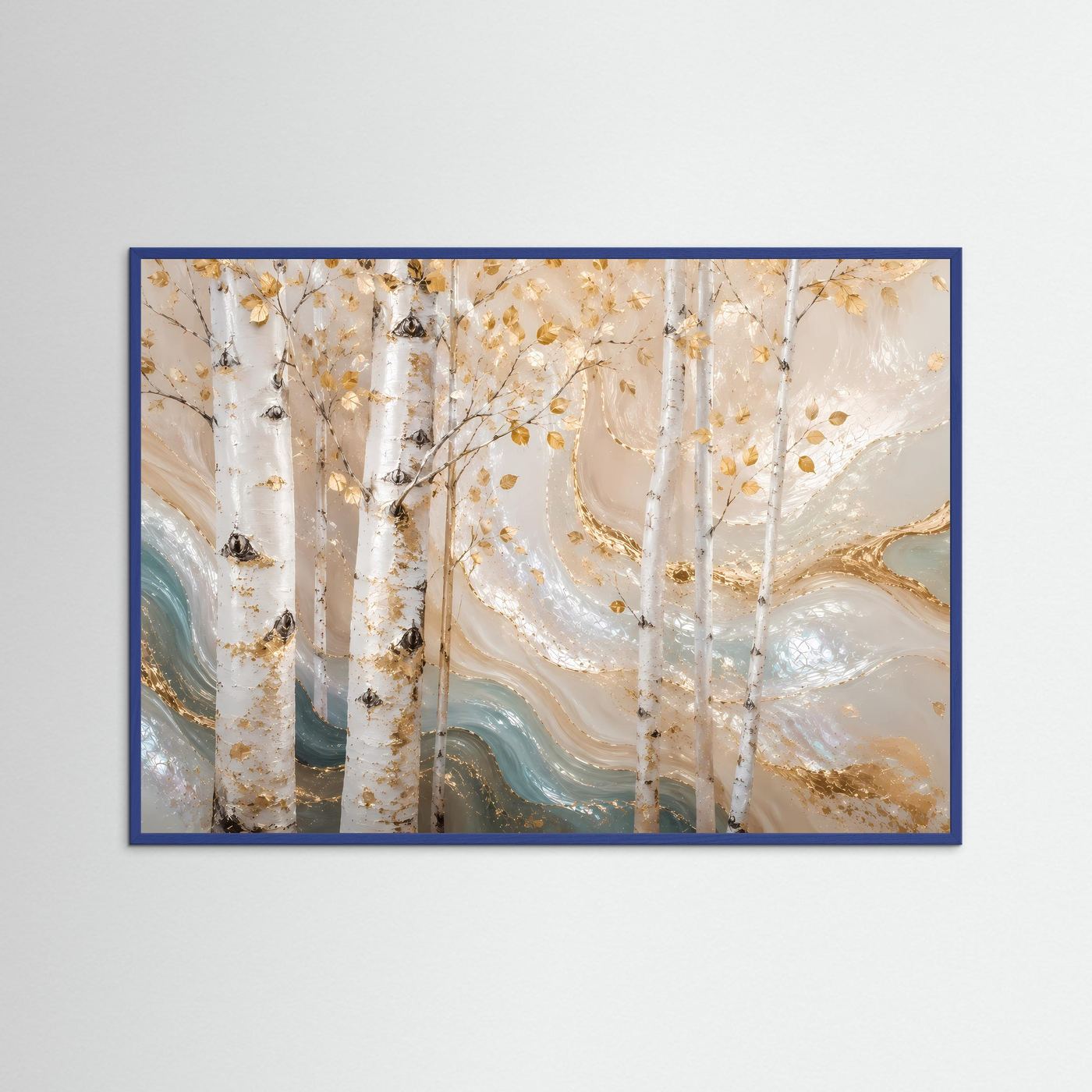 Wandposter abstrakter Birkenwald in Creme und Gold im blauen Rahmen, querformatig