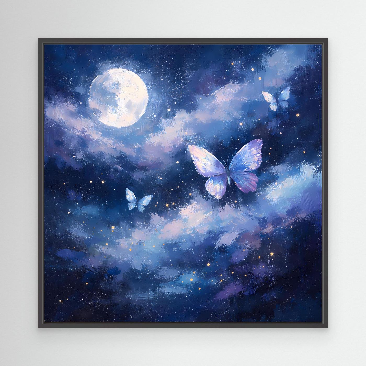 Leinwand-Wandbild mit Mond und Schmetterlingen im Sternenhimmel, schwarzer Rahmen
