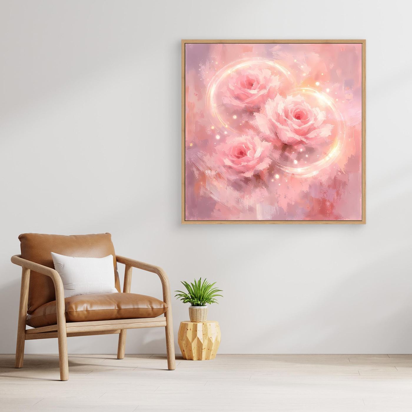 Abstraktes Leinwandbild goldfarben gerahmt, rosafarbene Rosen und leuchtende Kreise