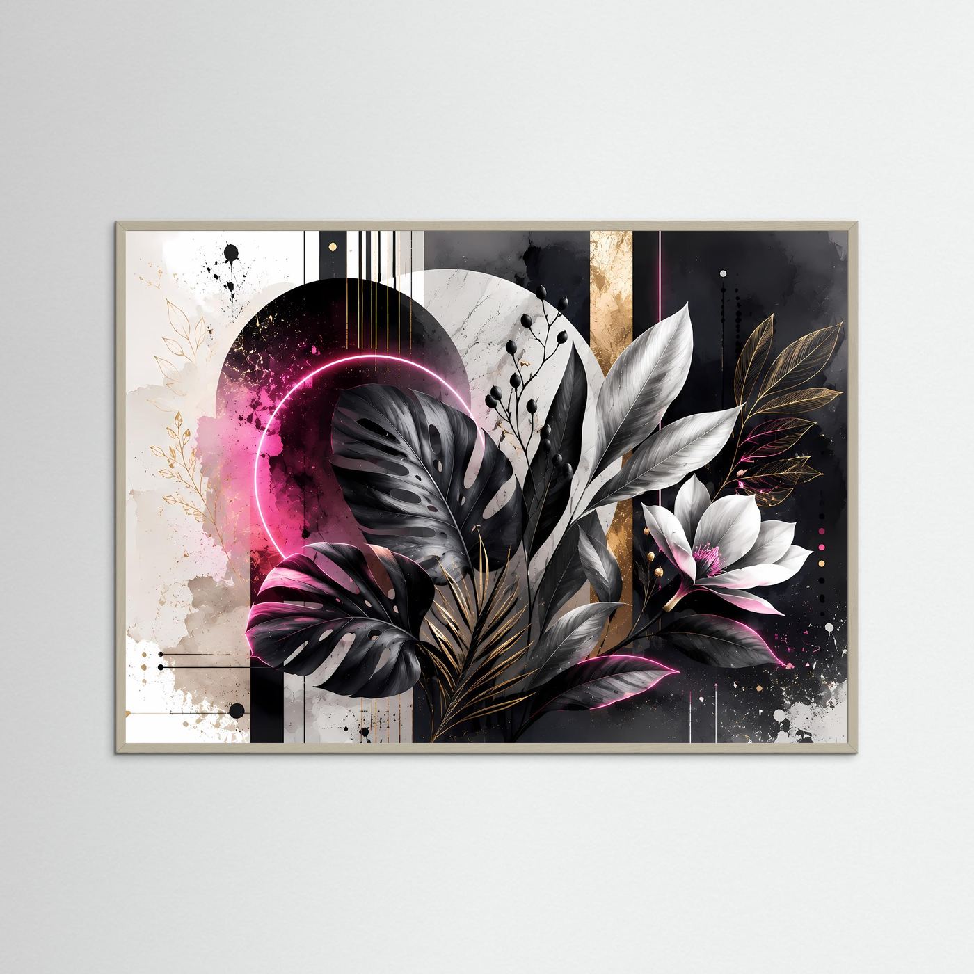 Abstrakte Botanik in Schwarz, Weiß & Pink | Monstera mit Neon & Gold – Moderne Wandkunst