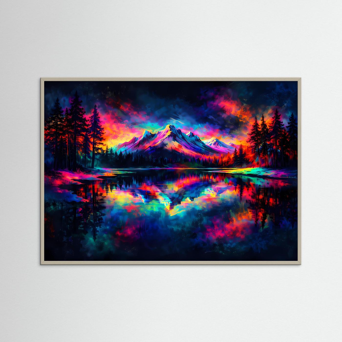 Naturposter im Querformat mit grauem Rahmen: Berg, Wald und Spiegelbild im See