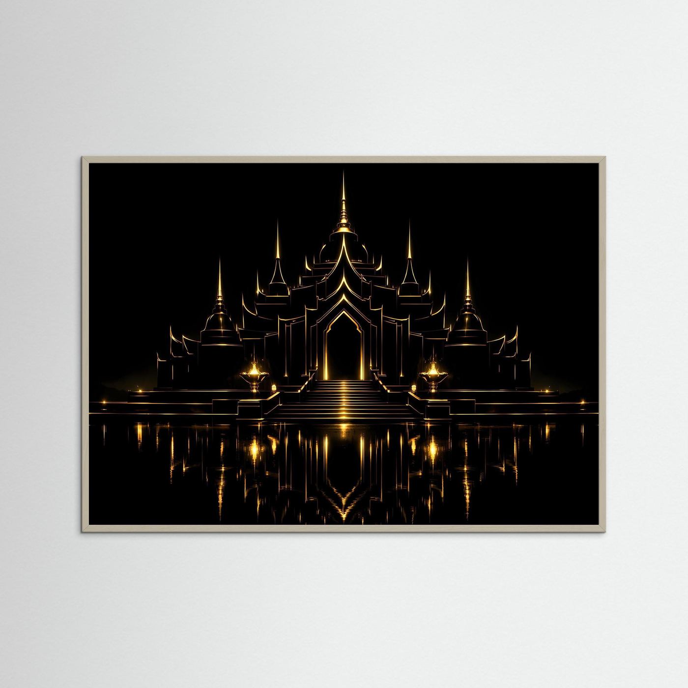 Wandbild mit goldener Tempel-Architektur und Spiegelung auf dunklem Hintergrund, grauer Rahmen