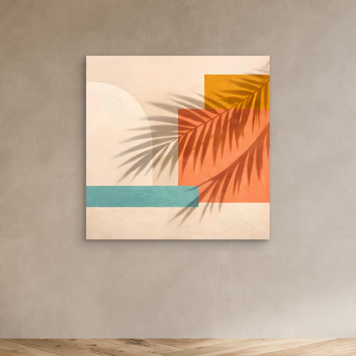 Leinwand Abstrakte Geometrie mit Palmenschatten | Modernes Boho Wandbild Terracotta