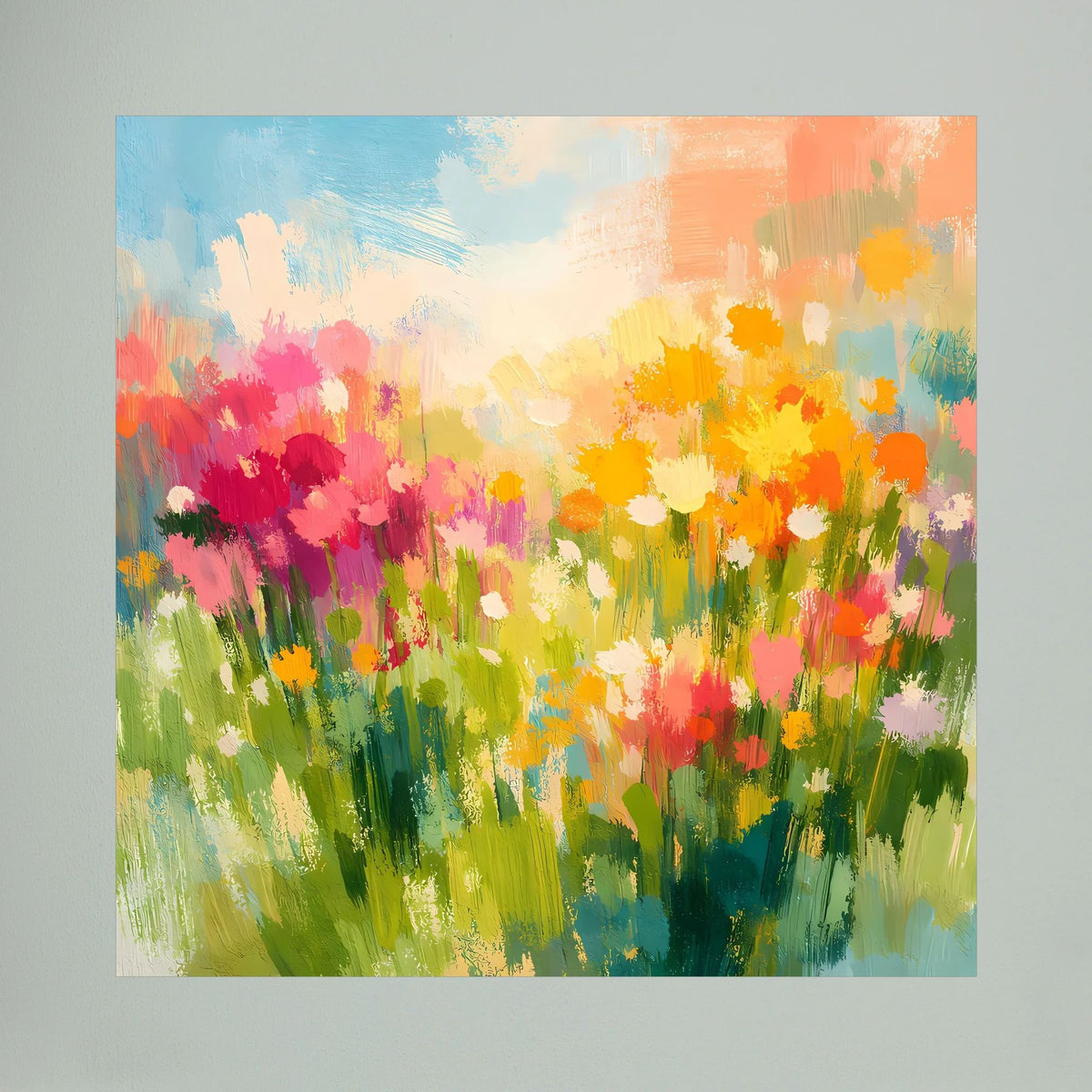 Nahansicht: buntes abstraktes Leinwandbild mit Wildblumen und Sommerwiese