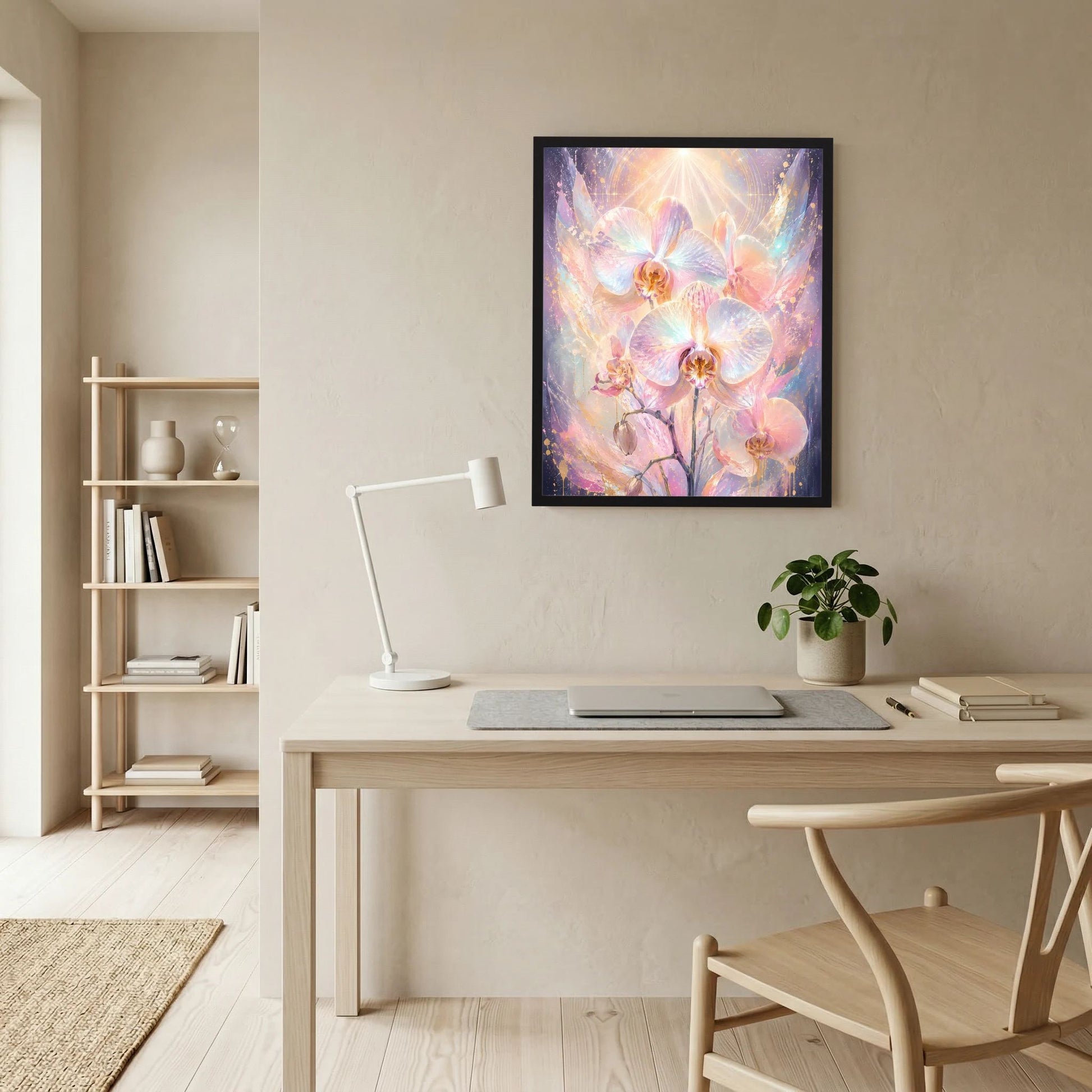 Orchideen-Poster mit rosa goldenen Orchideenblüten, schwarz gerahmt, Hochformat